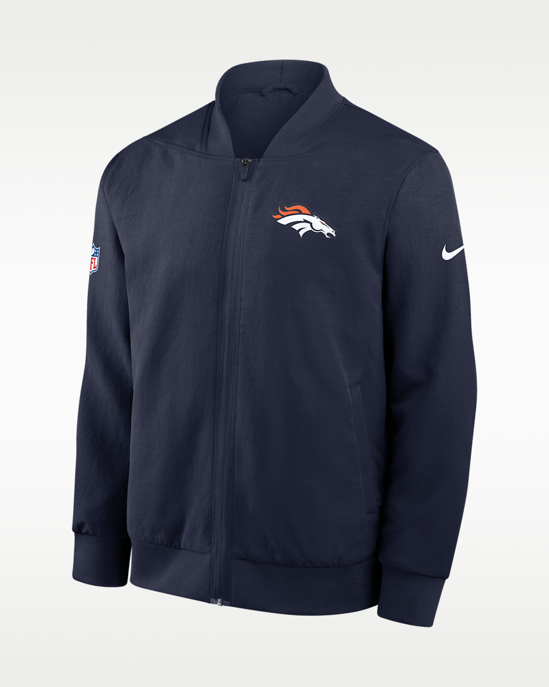 Chamarra bomber Nike de la NFL de cierre completo para hombre Denver Broncos Sideline - Azul marino