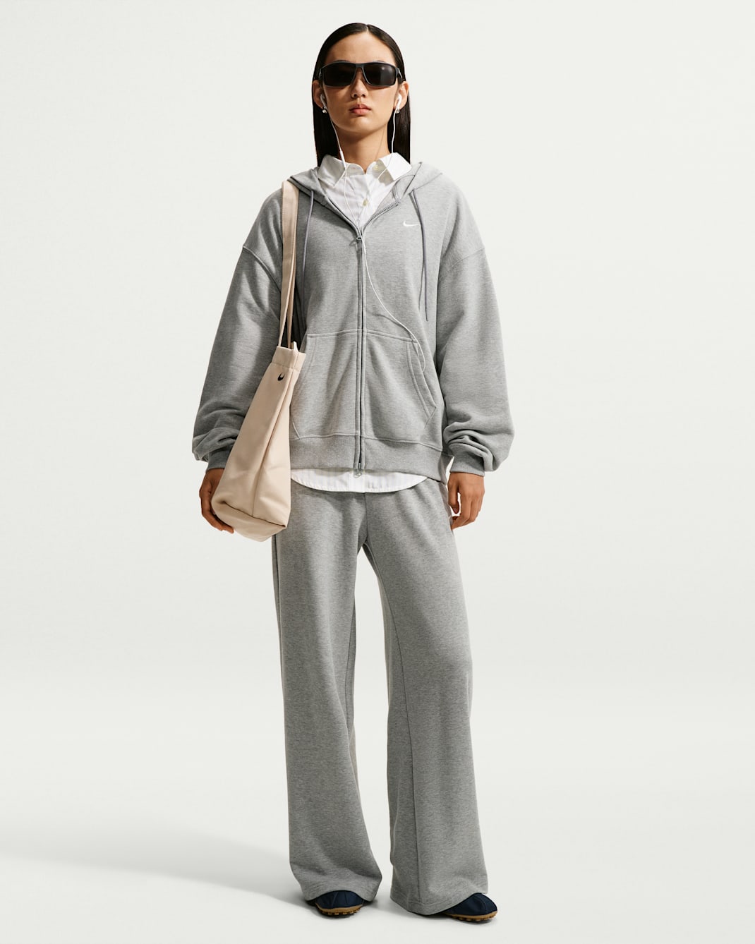 Nike Studio Fleece Lightweight 'French Terry' Women's Mid-Rise Wide-Leg Trousers - Dark Grey Heather/Sail