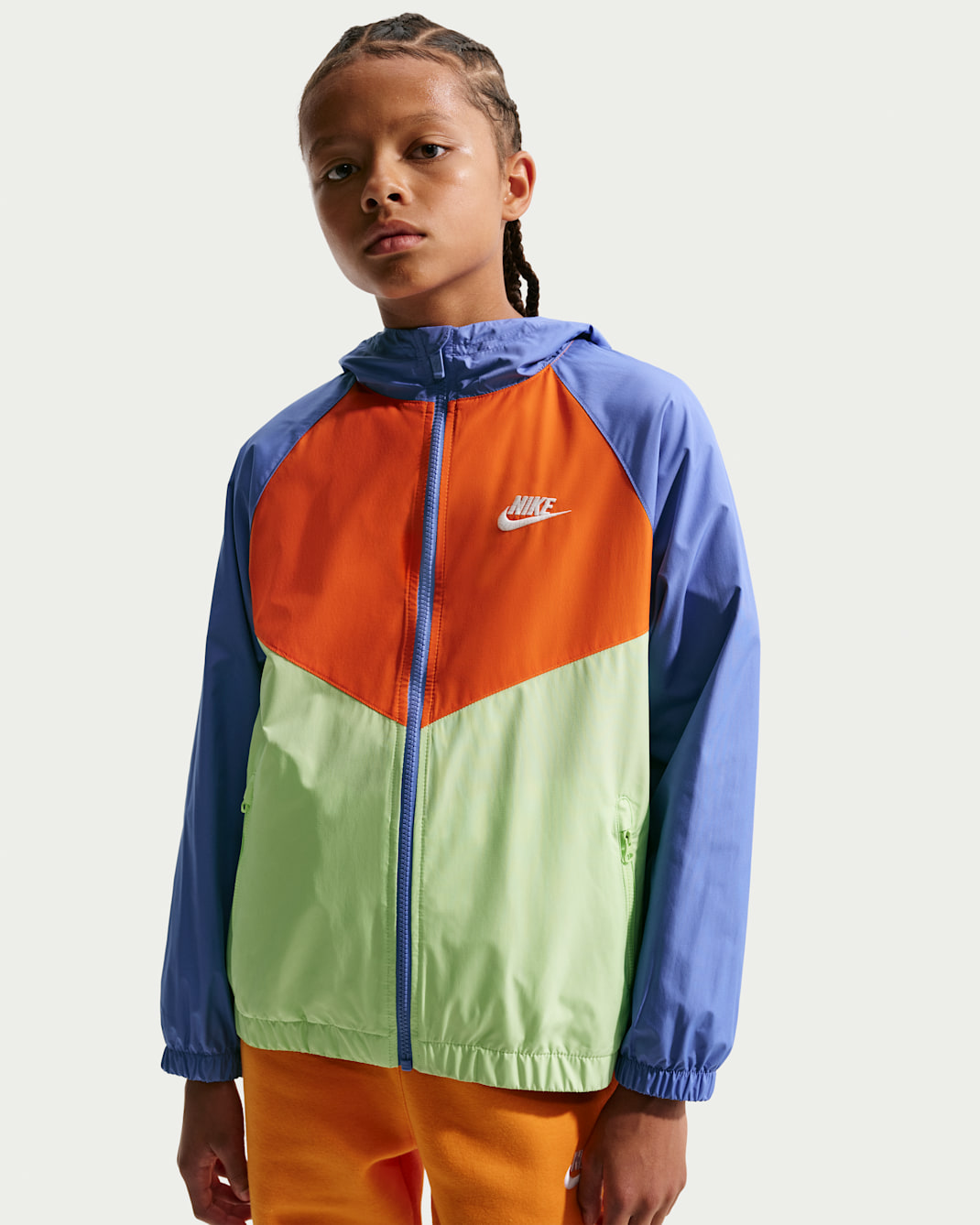 Nike Sportswear Windrunner Big Kids' Hooded Repel Jacket - Sapphire/Light Liquid Lime/Safety Orange/White