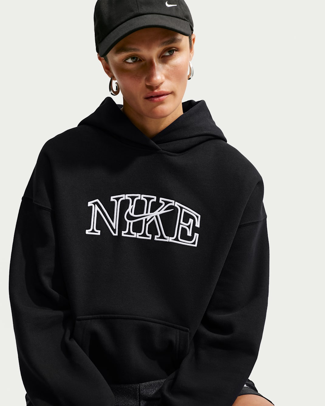 Nike Studio Fleece Medium Weight Women's Oversized Pullover Logo Hoodie - Total Black/White