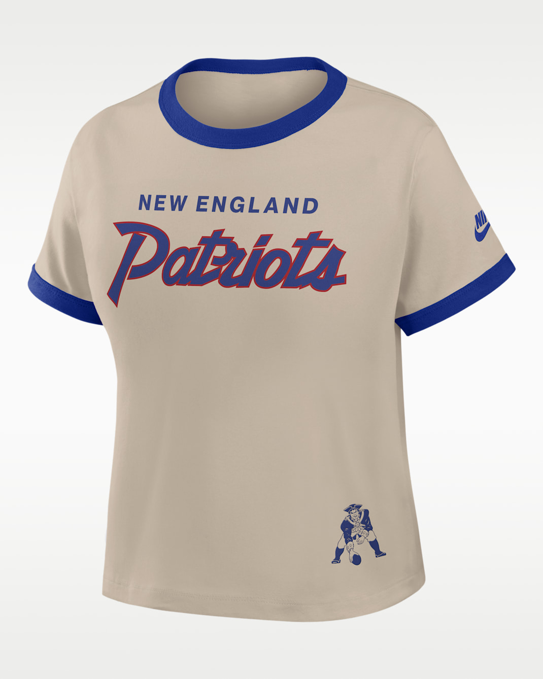 Playera Nike de la NFL cropped para mujer New England Patriots Rewind Ringer Mod - Crema/Azul eléctrico
