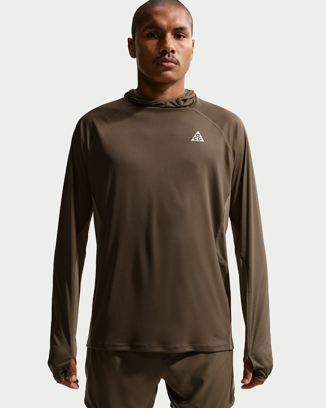 Nike ACG "Solar Chase" Men's Dri-FIT UV Protection Hooded Trail Running Top - Ironstone/Mink Brown/Summit White