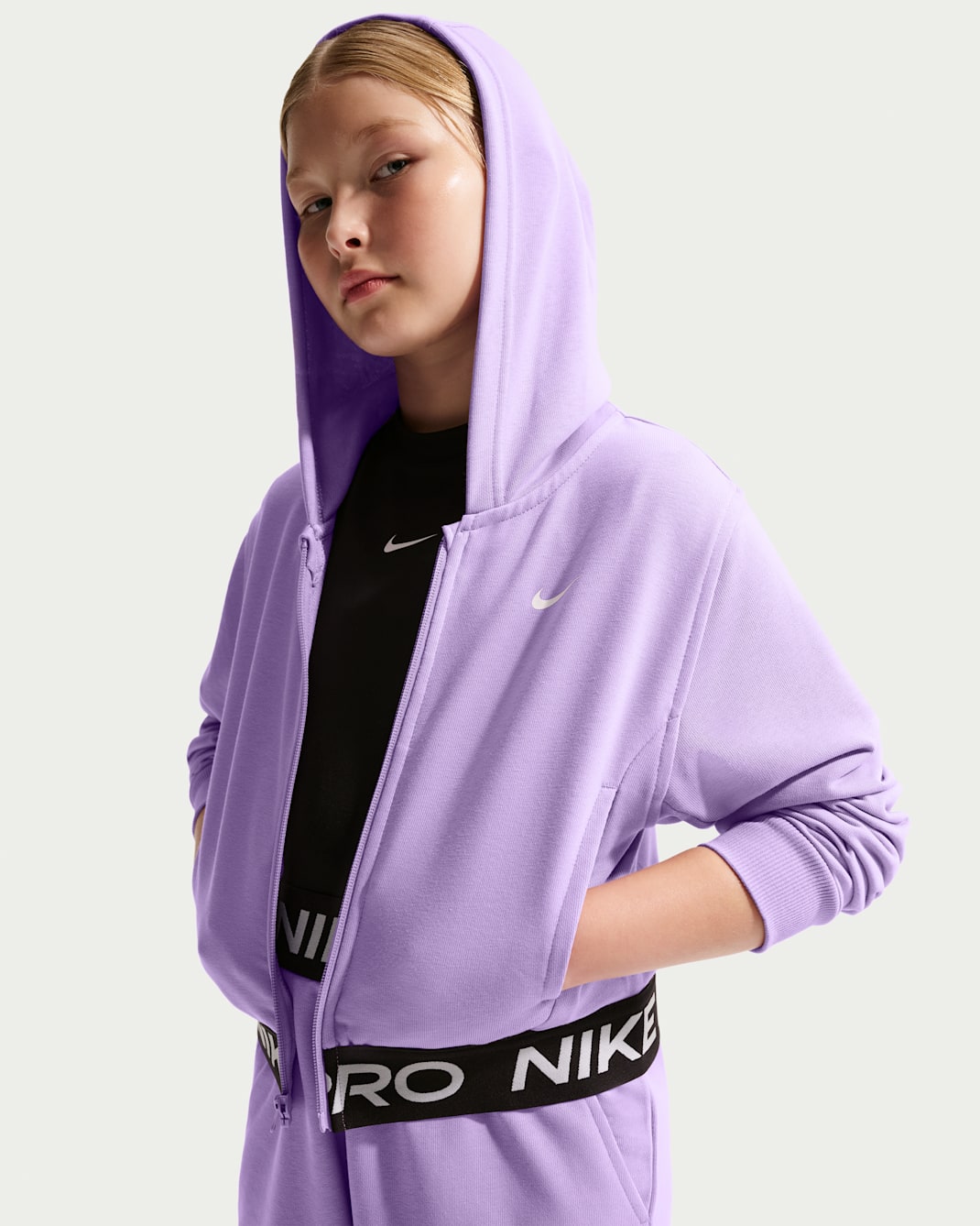 Nike Pro Fleece Big Kids' (Girls') Dri-FIT Full-Zip Hoodie - Violet Star/Violet Star/Black/White