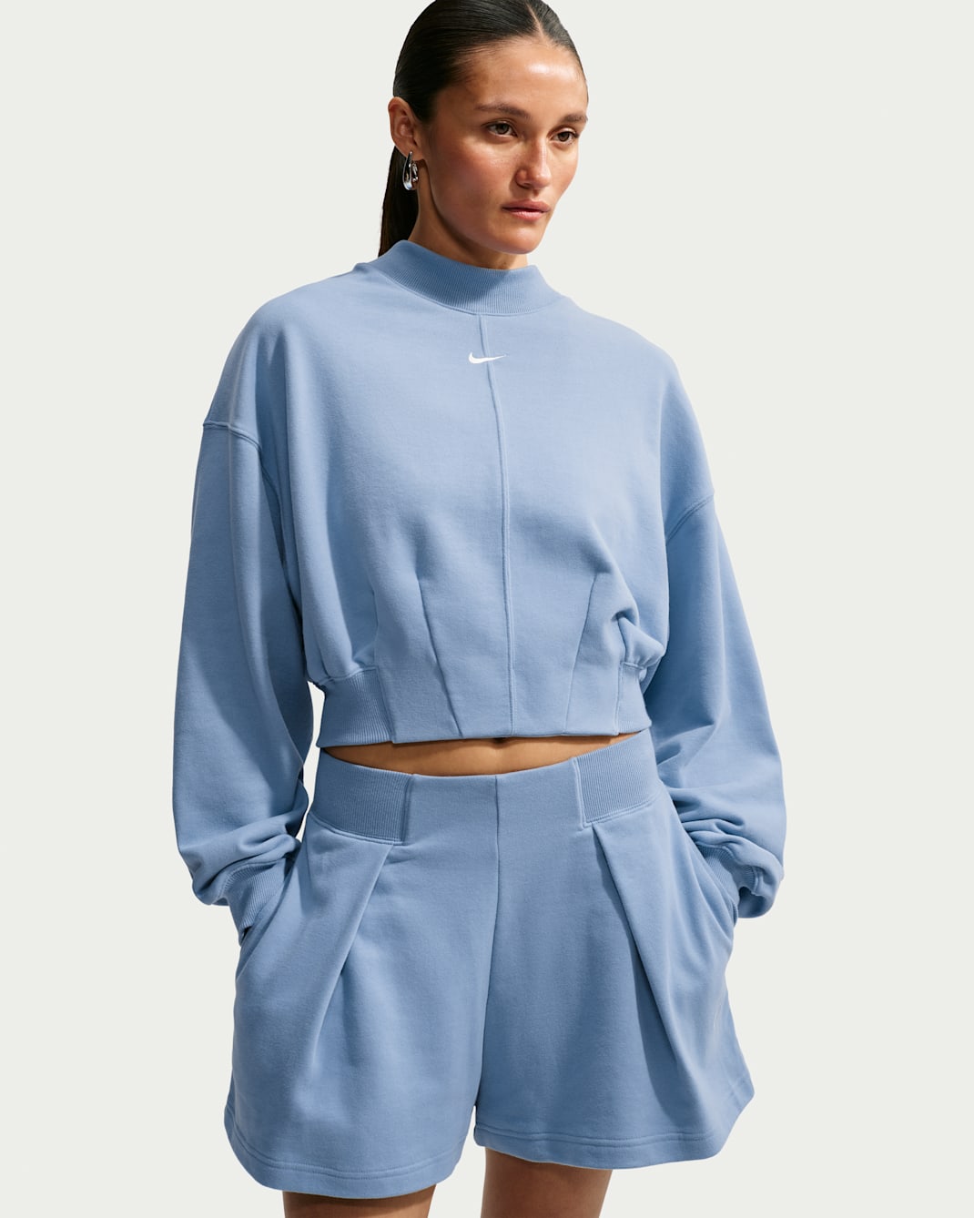 Nike Studio Fleece Lightweight Women's Oversized Cropped Pleated Crew - Work Blue/Sail