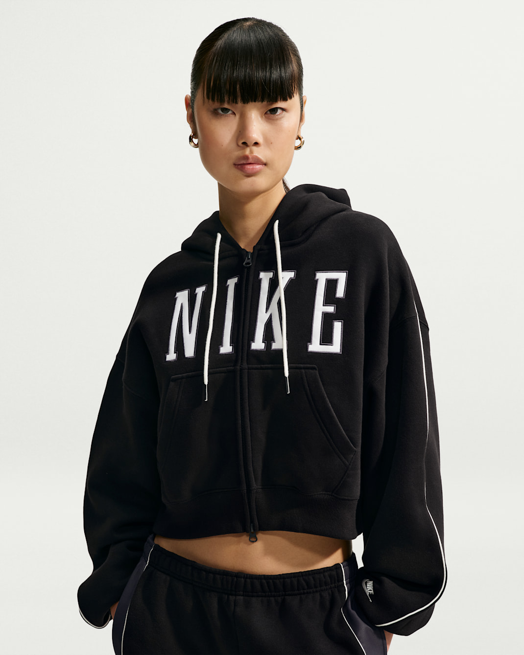 Nike Studio Fleece Medium Weight Women's Oversized Full-Zip Cropped Hoodie - Total Black/Sail/Sail