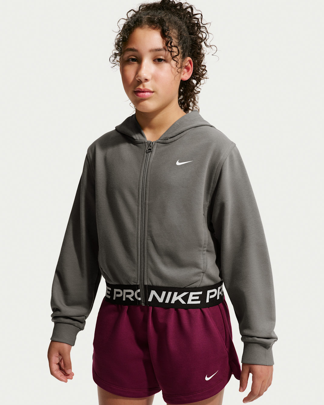 Nike Pro Fleece Older Kids' (Girls') Dri-FIT Full-Zip Hoodie - Cave Stone/Cave Stone/Black/White