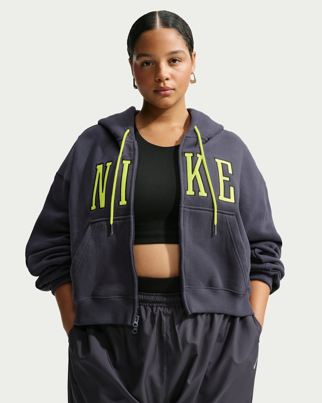 Nike Studio Fleece Medium Weight Women's Oversized Full-Zip Cropped Hoodie (Plus Size) - Gridiron/Lemon Venom/Lemon Venom