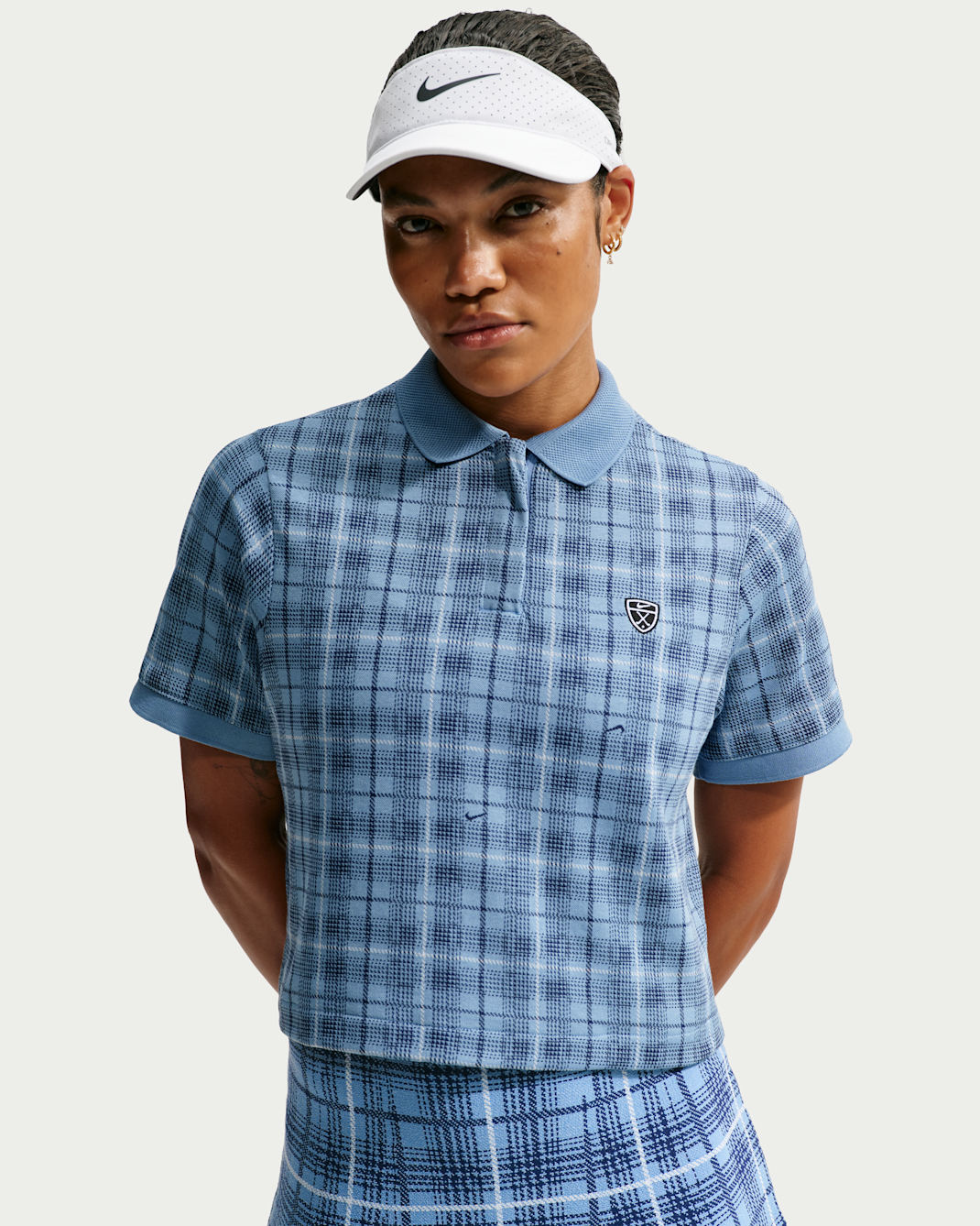 Polo de golf de tartán Dri-FIT para mujer Nike Fairway Fresh - Azul de trabajo/Blanco