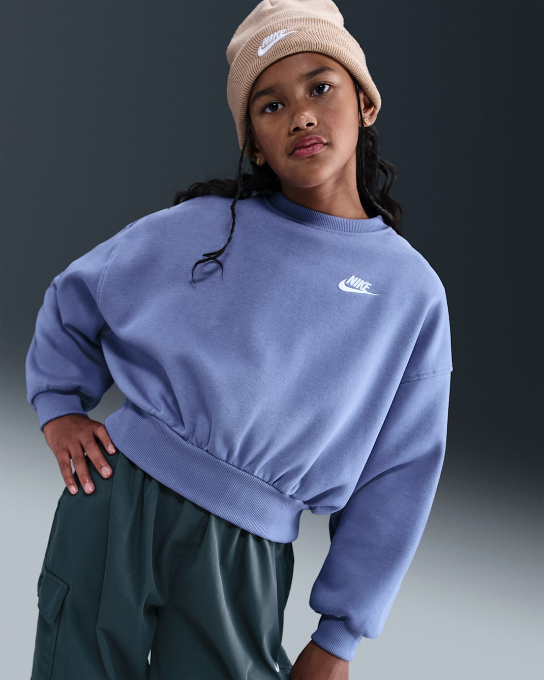 Sweat ample à col ras-du-cou Nike Sportswear Club Fleece pour fille - World Indigo/Blanc