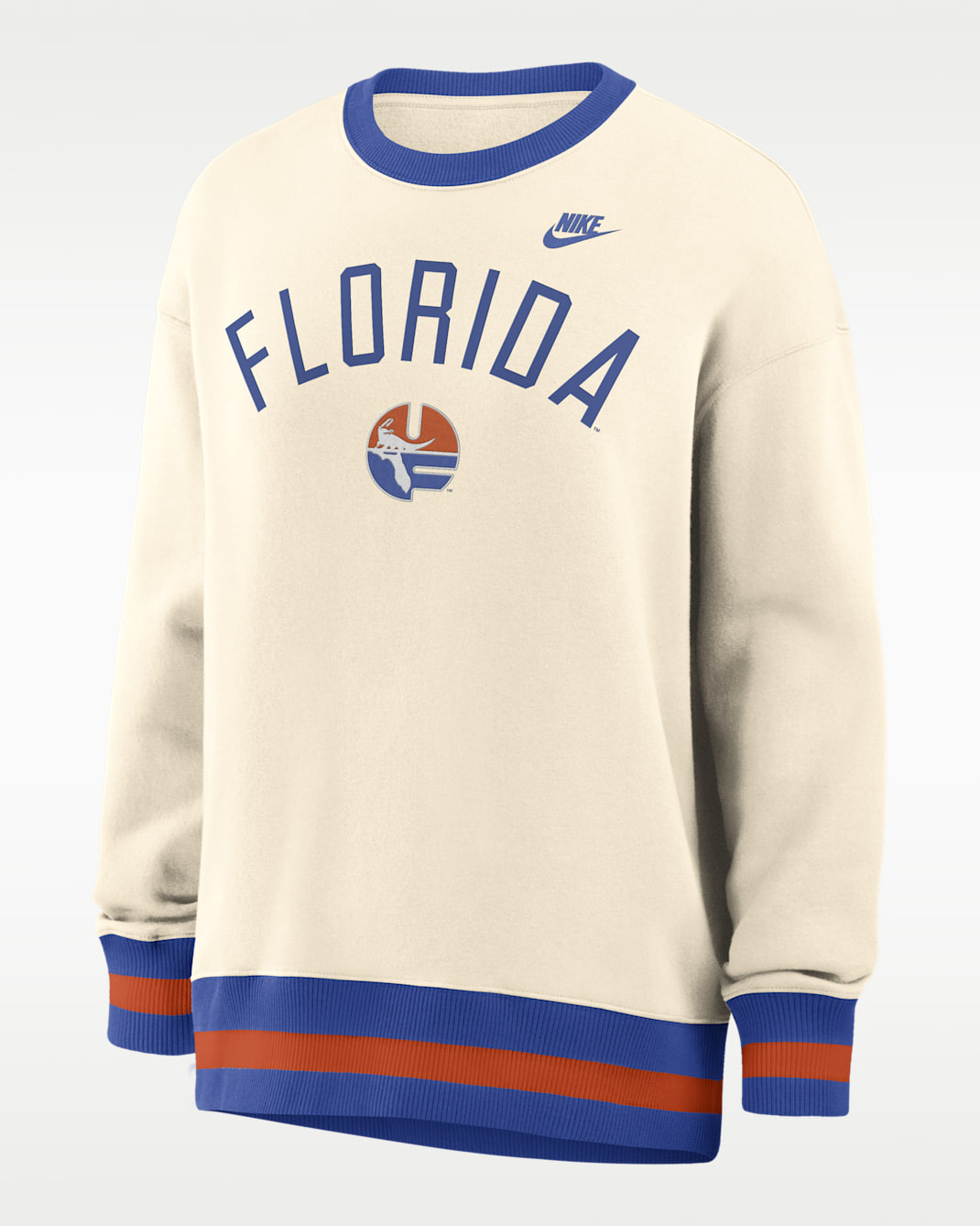 Sudadera de cuello redondo sin cierre universitaria Nike oversized para mujer Florida Legacy - Natural/Royal