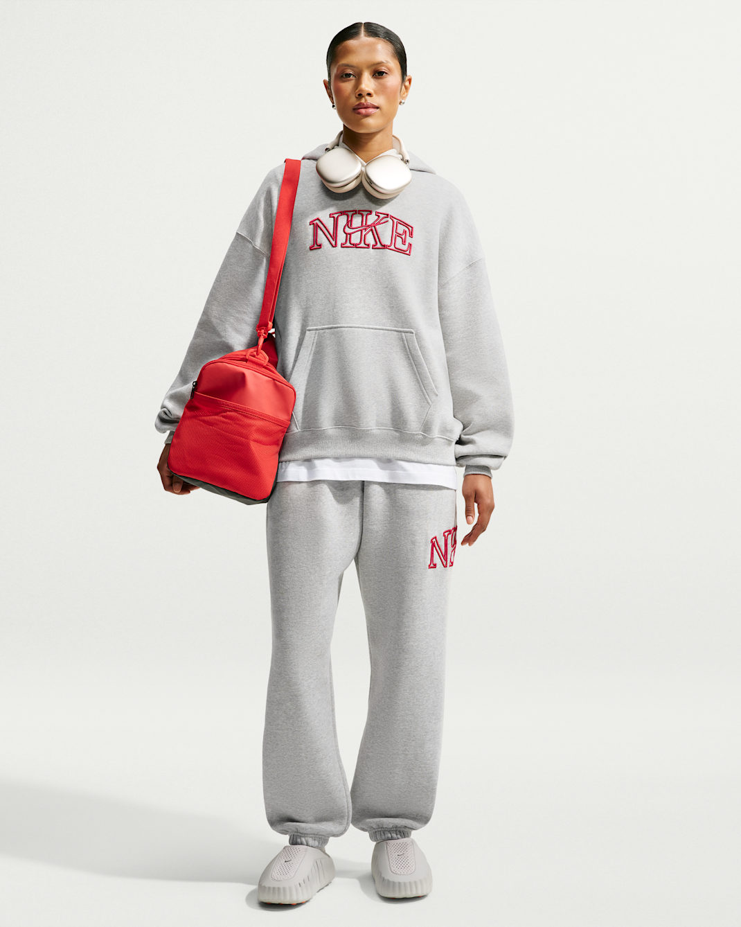 Nike Studio Fleece Medium Weight Women's Oversized Cuffed Logo Trousers - Wolf Grey/Heather/Tough Red