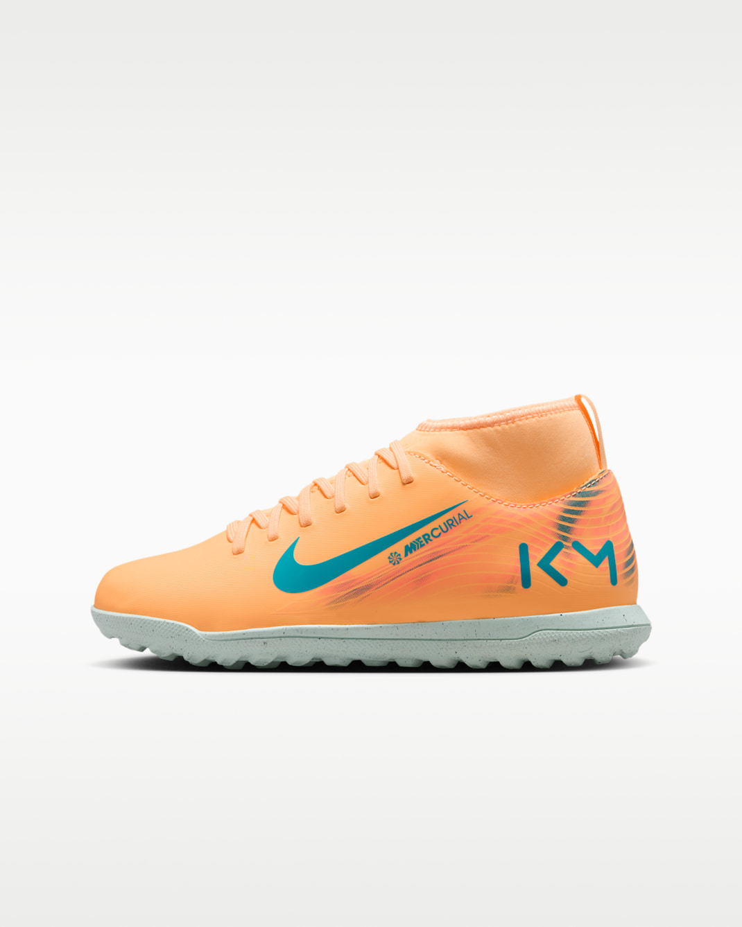 Tacos de fútbol TF high para niños talla grande Nike Jr. Mercurial Superfly 10 Club "Kylian Mbappé" - Tinte melón/Iglú/Turquesa neo