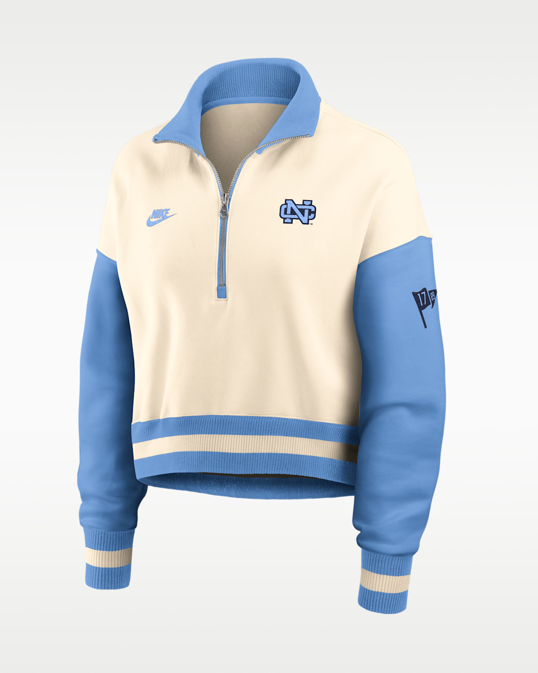 North Carolina Legacy Women's Nike College Cropped Oversized 1/4-Zip Crew - Natural/Blue