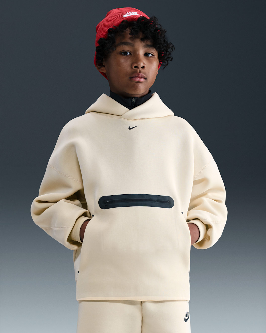 Nike Sportswear Tech Fleece Big Kids' (Boys') Oversized Pullover Hoodie - Light Khaki/Black