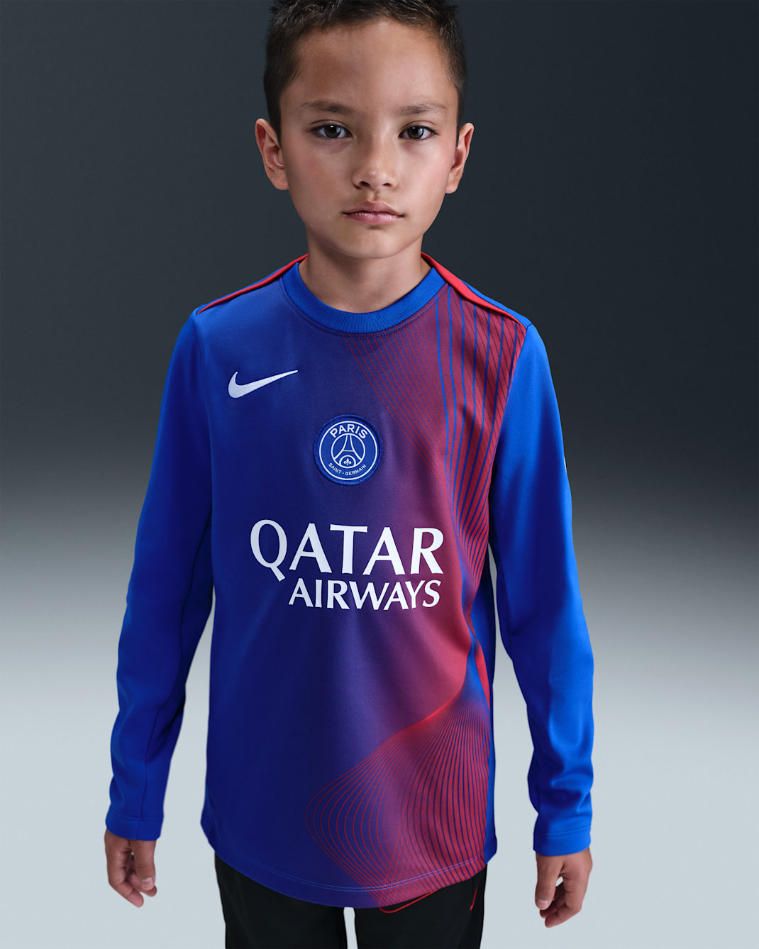 Langærmet Paris Saint-Germain Academy Pro Third Nike Dri-FIT Total 90-fodboldopvarmningstrøje til større børn - Hyper Royal/Global Red/hvid