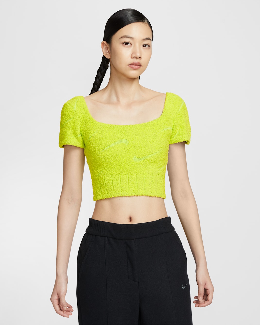 ナイキ スポーツウェア フェニックス コージー ブークレ ウィメンズ ショートスリーブ クロップド ニット トップス - サイバー/サイバー/サイバー