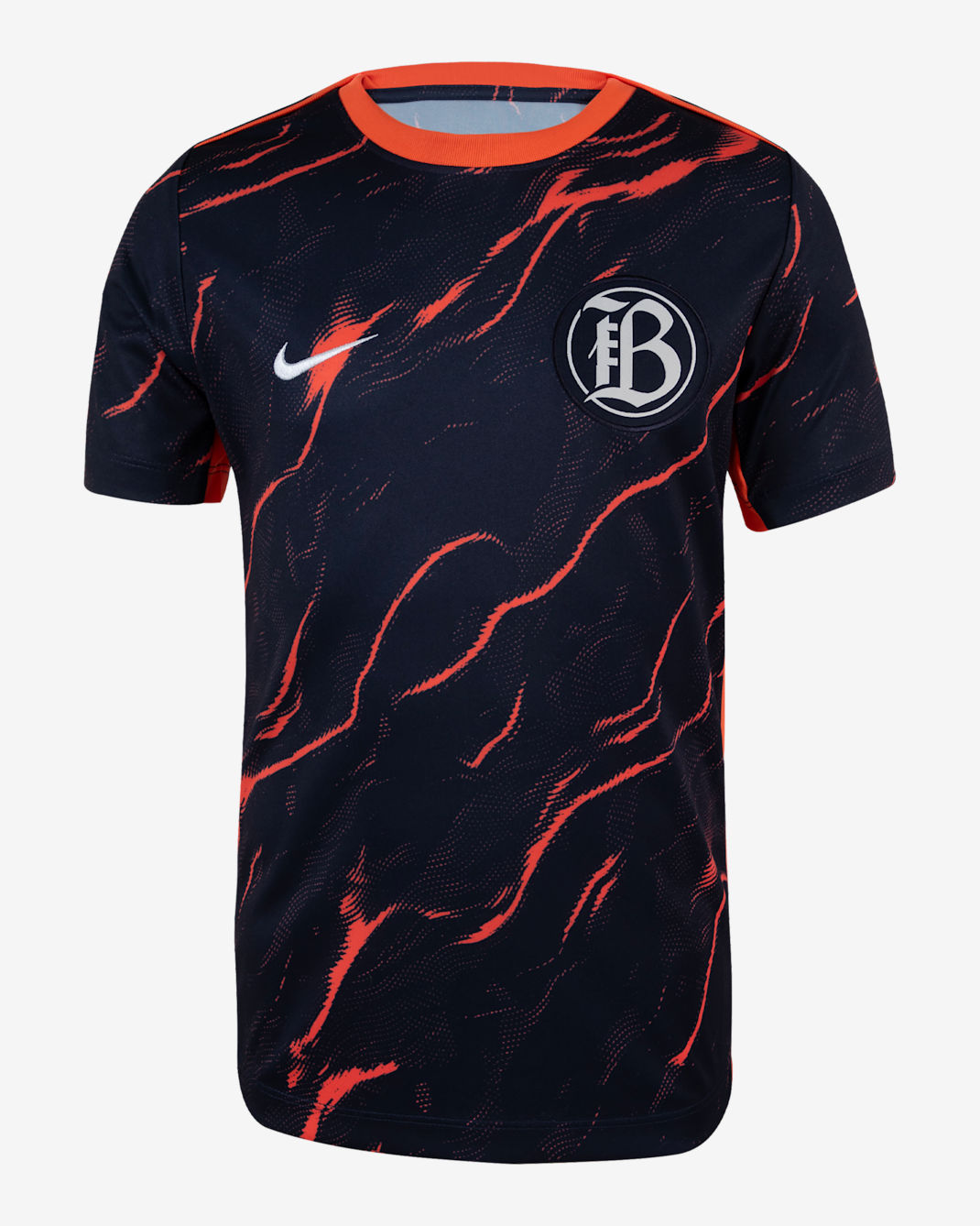 Playera de manga corta Nike de la NWSL para antes del partido para niños talla grande Bay FC 2025 - Coral enérgico/Obsidiana