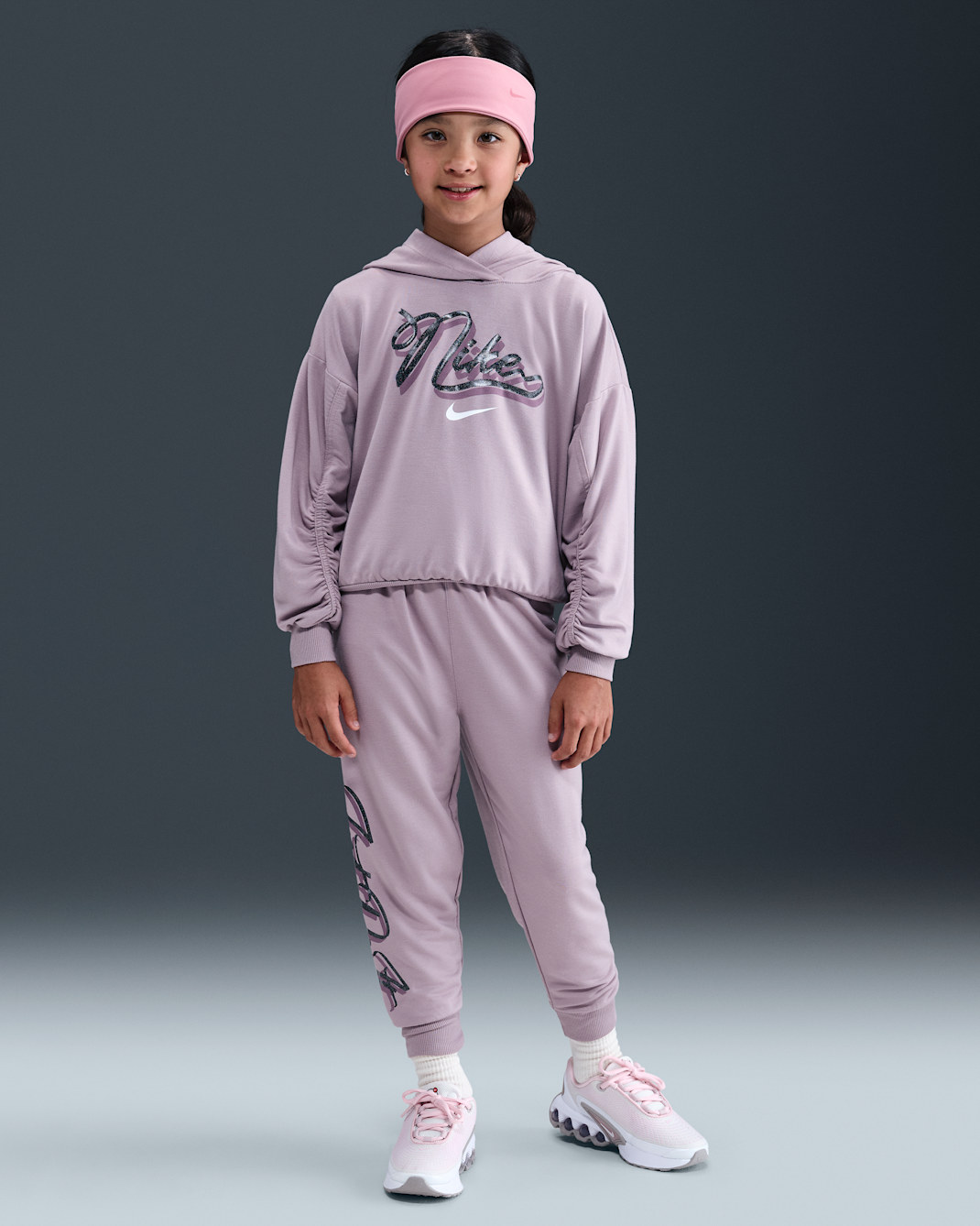 나이키 스우시 온 포인트 리틀키즈 풀오버 후디 앤 조거 세트 - 플럼 포그