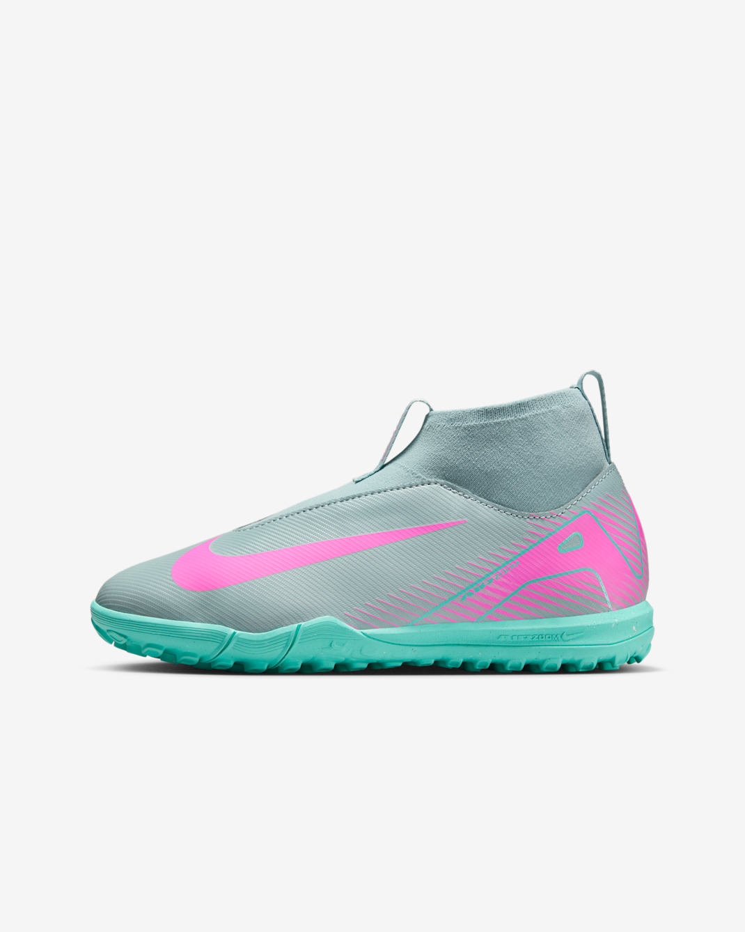 Tacos de fútbol para pasto sintético (turf) de corte high para niños de preescolar y grandes Nike Jr. Mercurial Superfly 10 Academy - Cubo océano/Avalancha rosa