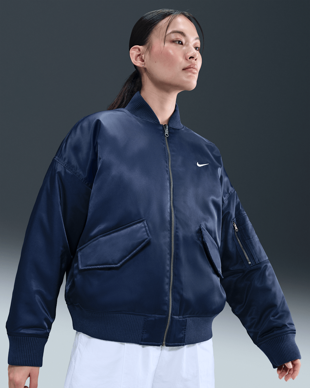Nike Sportswear Women's Therma-FIT Reversible Bomber Jacket - Midnight Navy/Diffused Blue/Sail/Sail