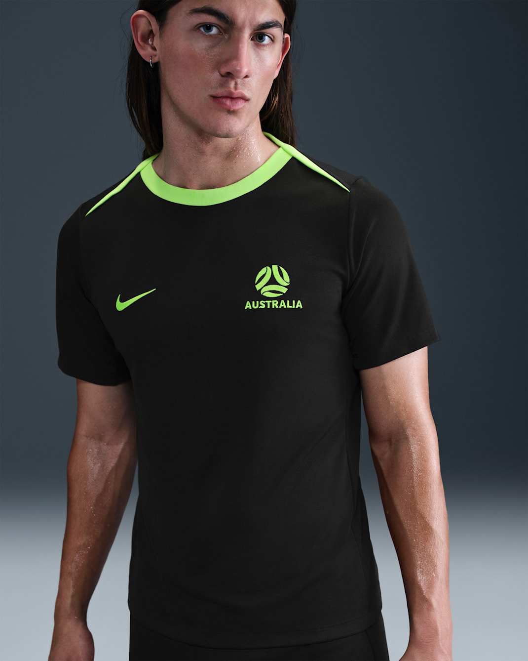Australia Academy Pro Men's Nike Dri-FIT Football Short-Sleeve Top - Black/Lime Blast/Lime Blast