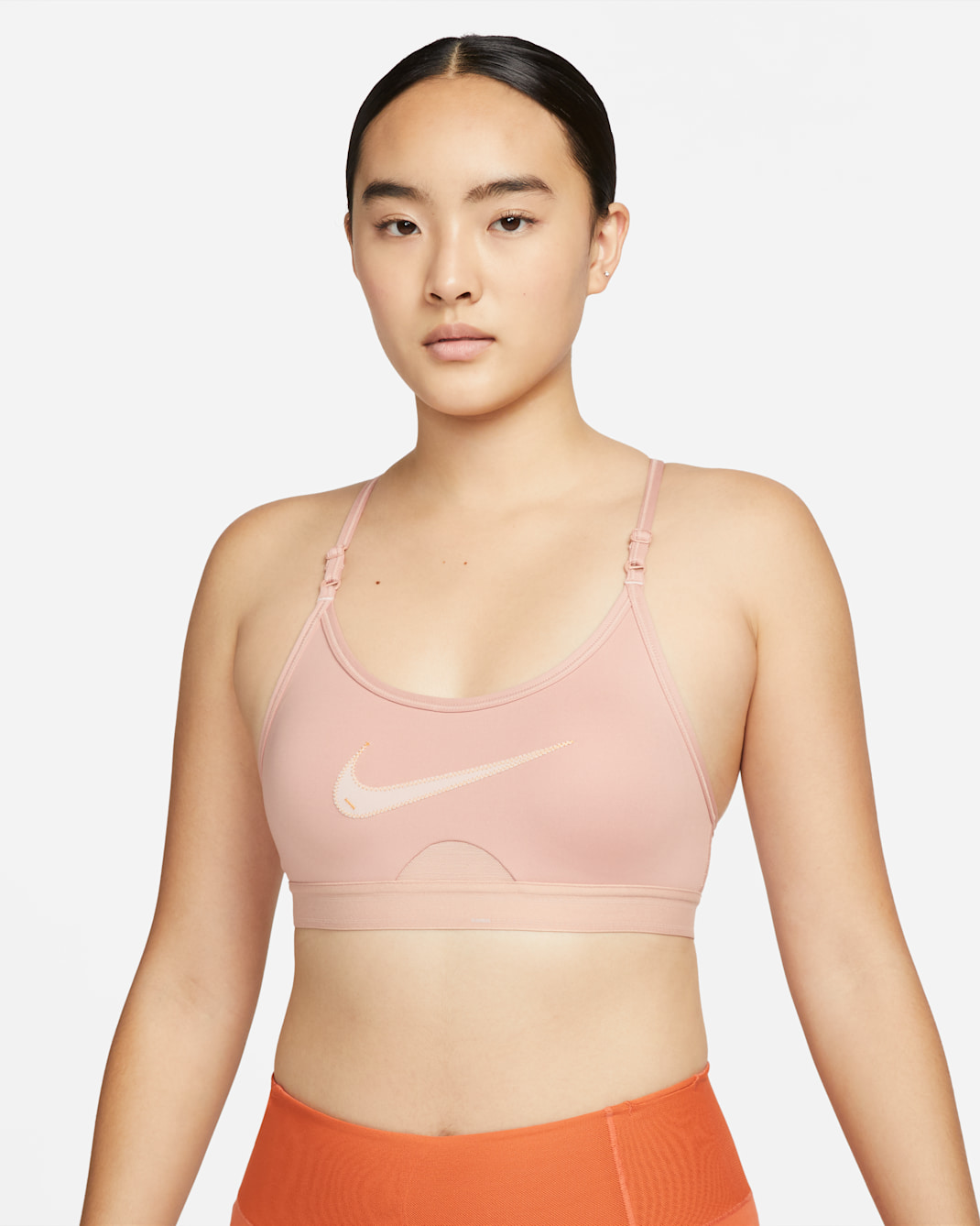 Nike Indy Women's Light-Support Padded Graphic Sports Bra - Rose Whisper/Light Curry/Pink Oxford/Pink Oxford