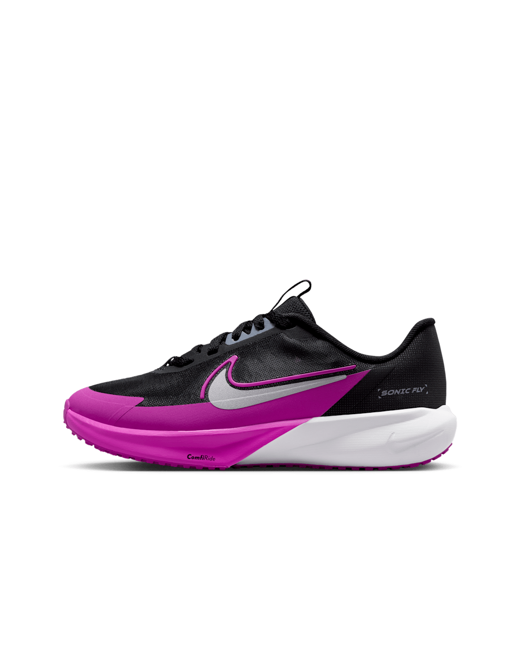 Tenis de correr para niños grandes Nike Sonic Fly - Negro/Morado vivo/Carbón claro/Plata metalizado