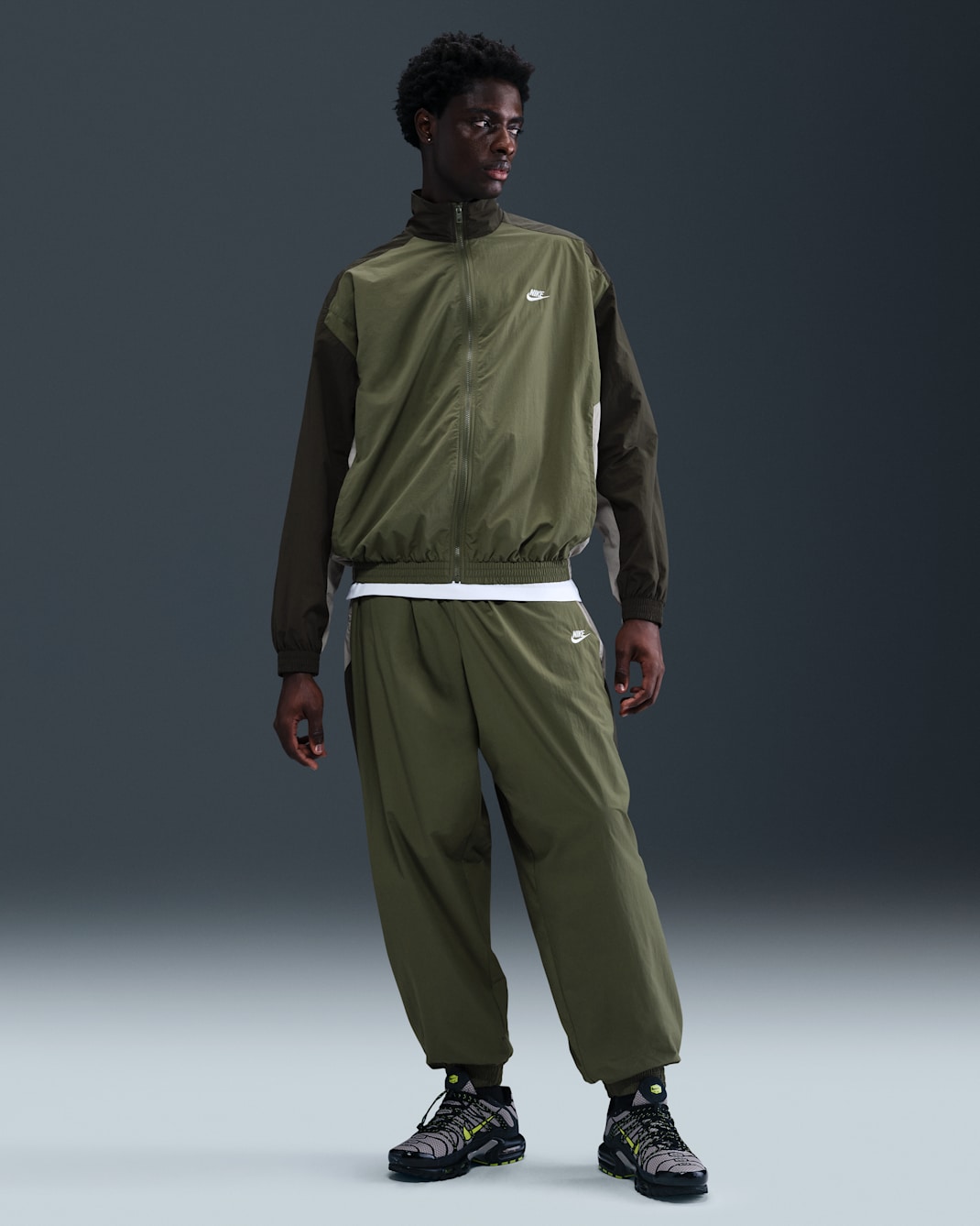Nike Club Men's Oversized Woven Tracksuit Bottoms - Medium Olive/College Grey/Sequoia/White
