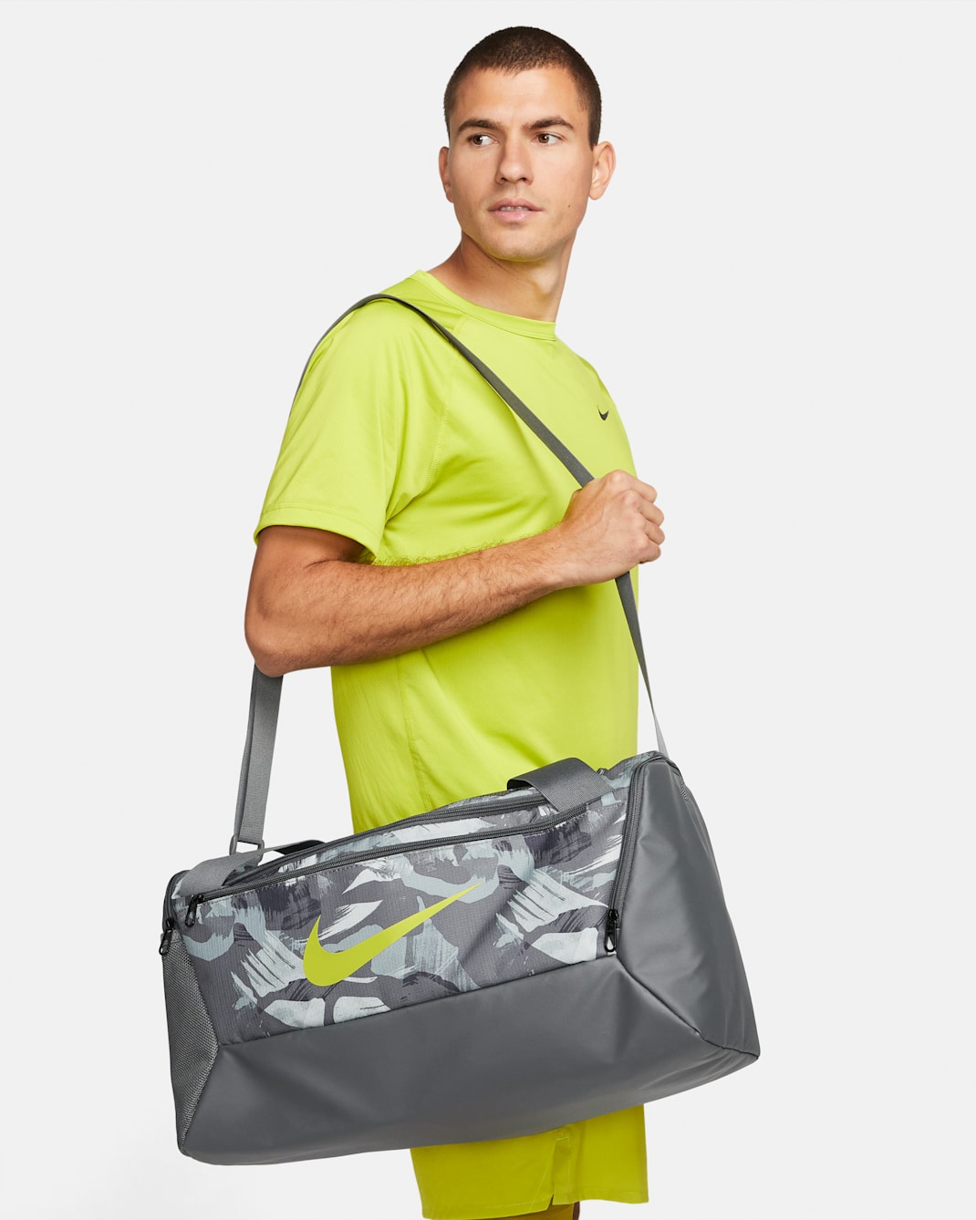 Nike Brasilia Printed Duffel Bag (Small, 41L) - Iron Grey/Iron Grey/Bright Cactus