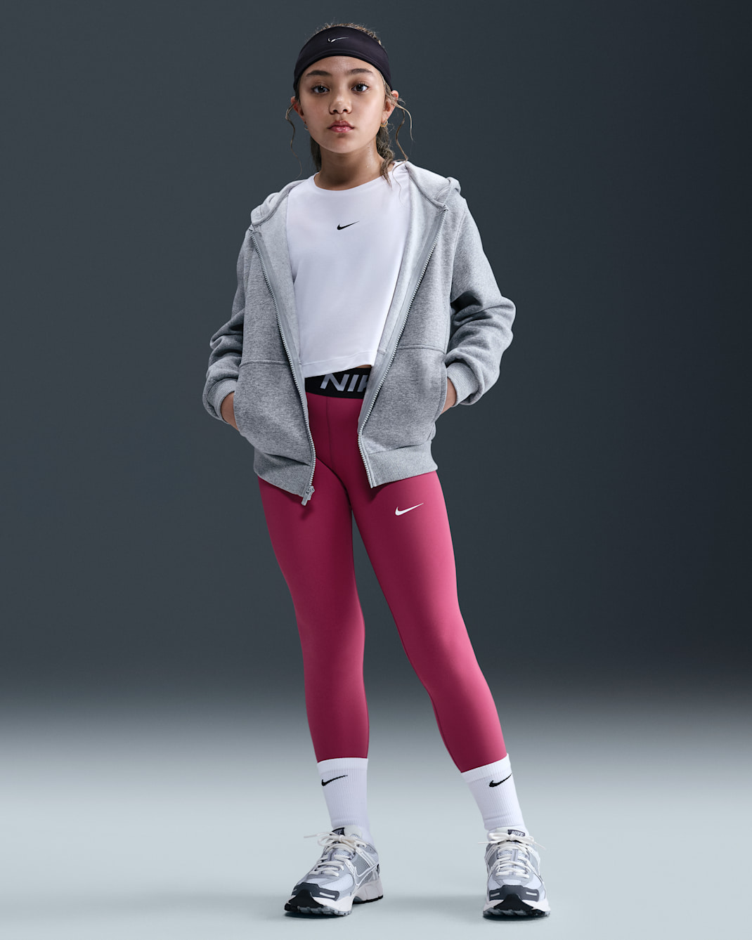 Nike Pro Girls' Mid-Rise Leggings - Sweet Beet/Black/White