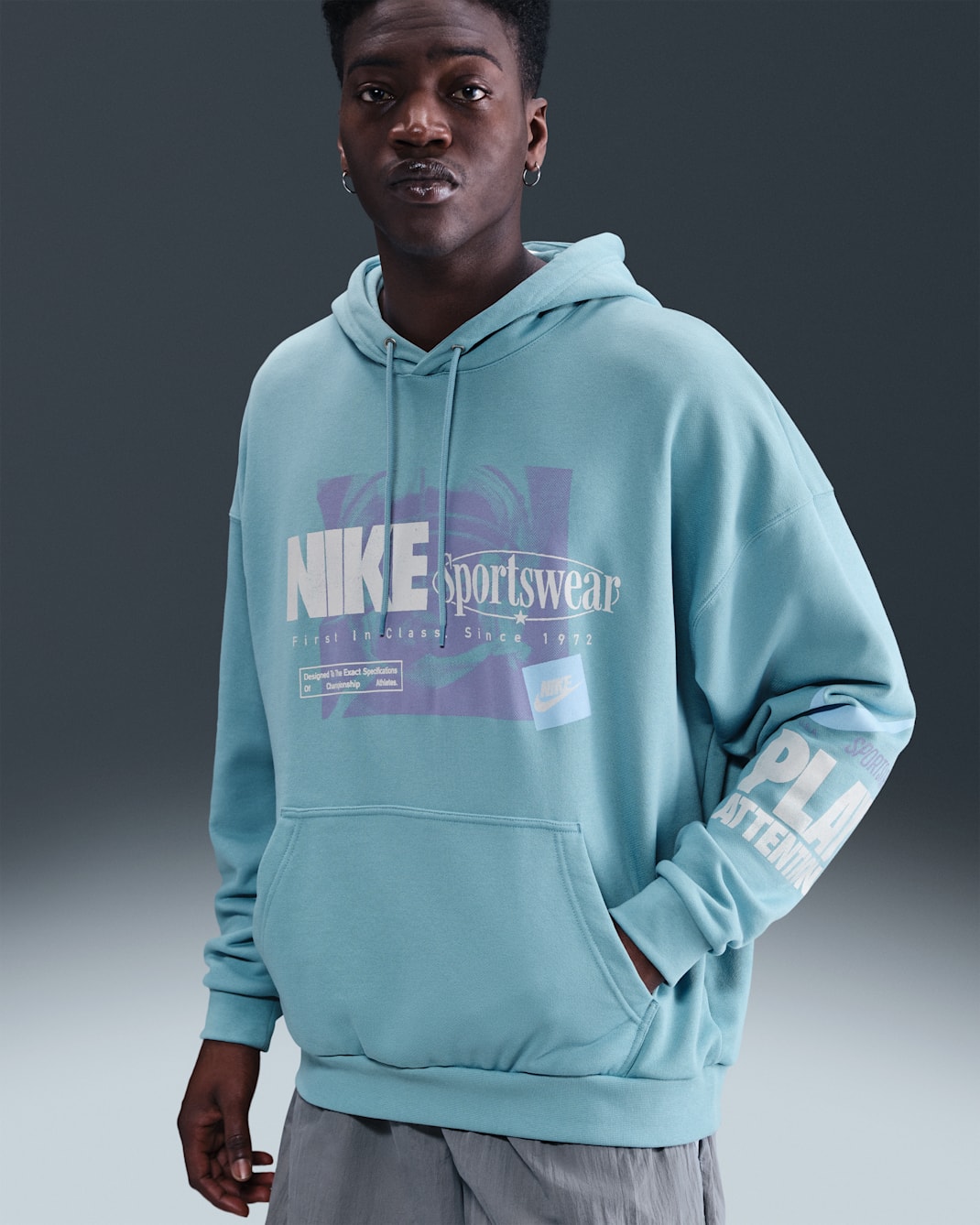 Nike Club Men's Oversized French Terry Pullover Hoodie - Denim Turquoise/Psychic Blue