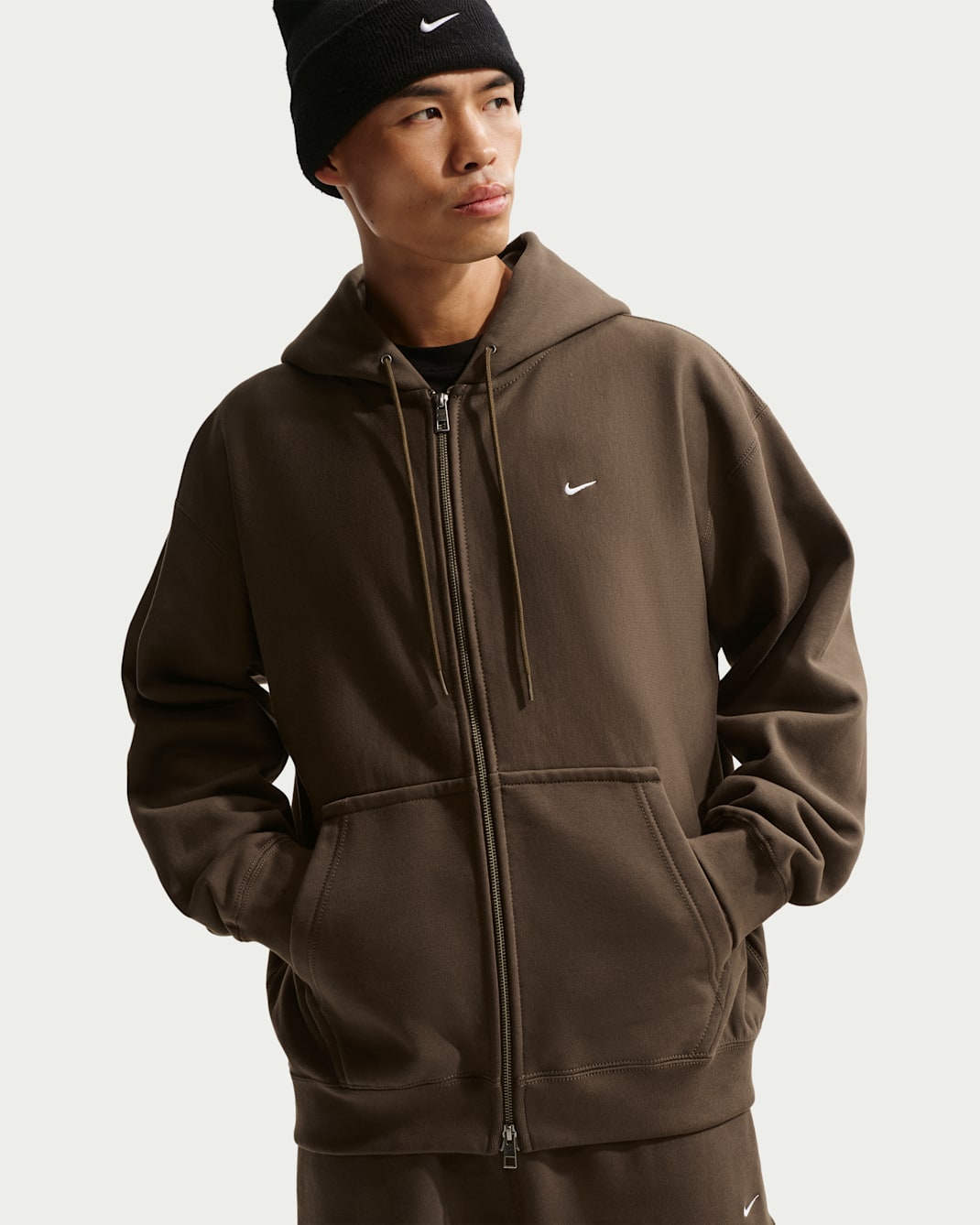 Sudadera con gorro de tejido Fleece de cierre completo para hombre Nike Solo Swoosh - Avellana oscuro/Blanco