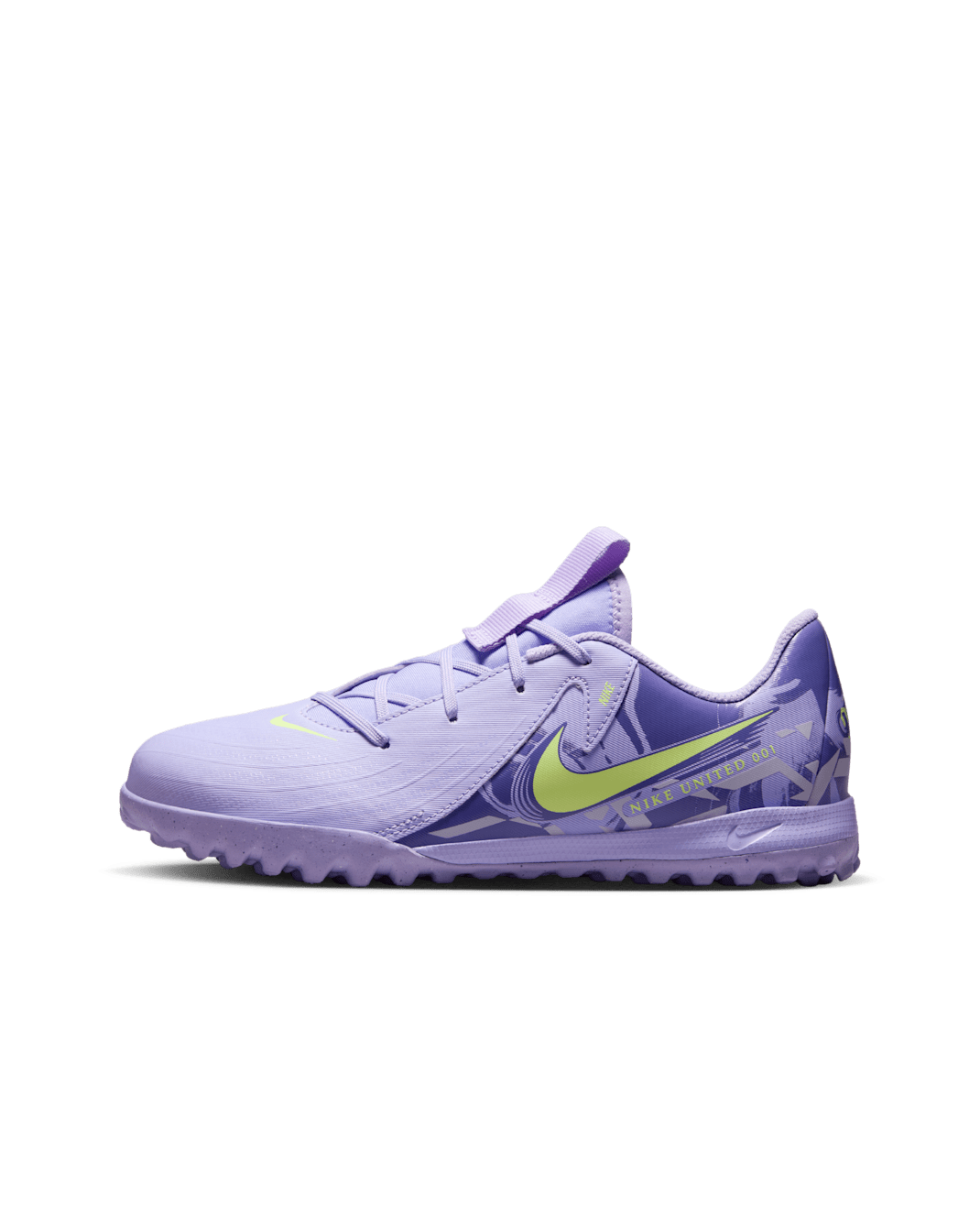 Tacos de fútbol TF de corte low para niños grandes Nike United Jr. Phantom GX 2 Academy - Ágata morado/Voltio ligero