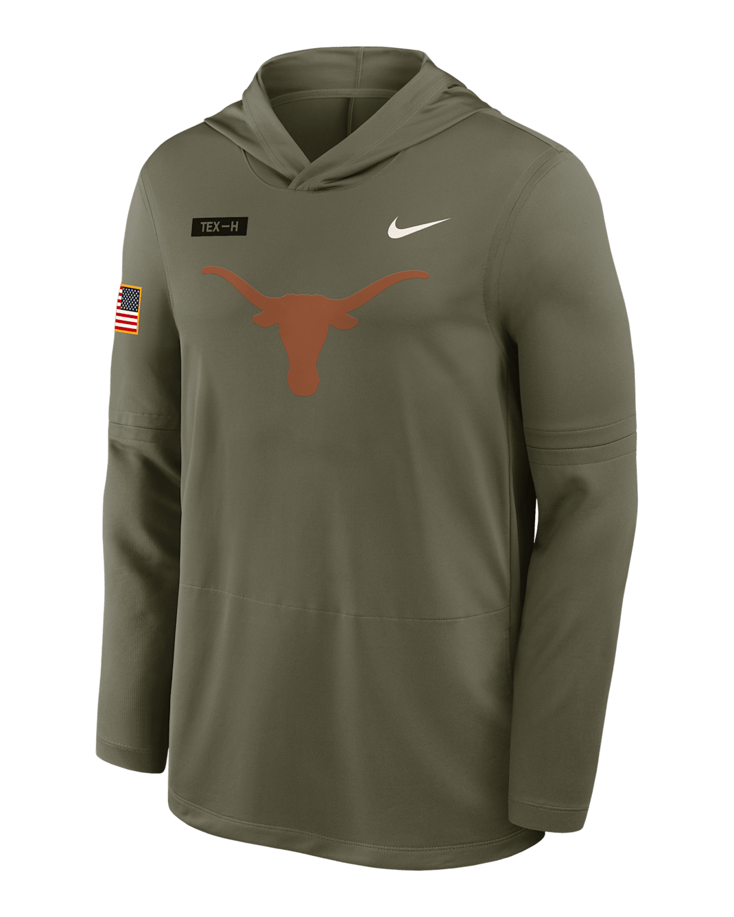 Playera de manga larga universitaria Nike Dri-FIT con gorro para hombre Texas 2025 Military Appreciation - Oliva