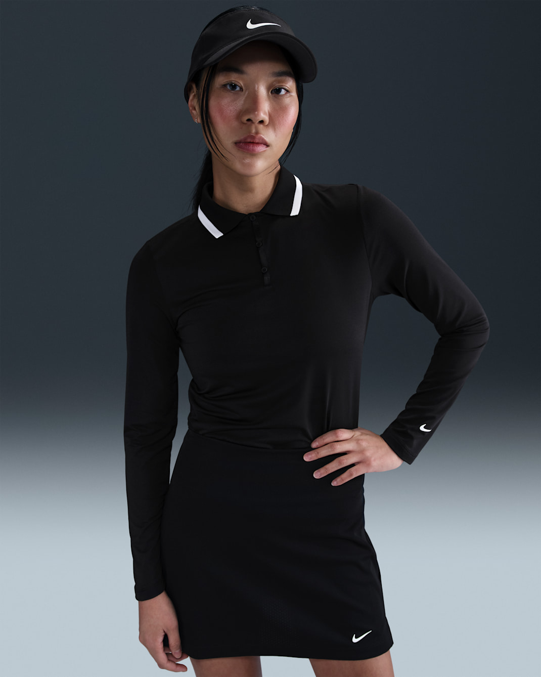 Polo de golf de manga larga Dri-FIT con protección contra los rayos UV para mujer Nike Tour - Negro/Blanco/Blanco