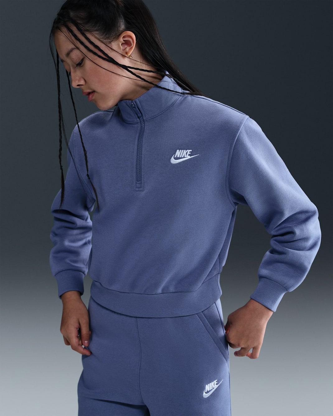 Nike Sportswear Club Fleece Big Kids' (Girls') 1/2-Zip Long-Sleeve Top - World Indigo/White