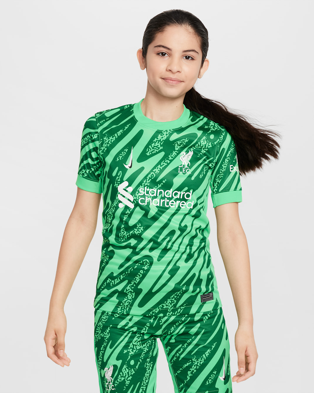 FC Liverpool 2024/25 Stadium Goalkeeper Third Nike Dri-FIT Replika-Kurzarm-Fußballtrikot (ältere Kinder) - Green Spark/Pine Green/Weiß