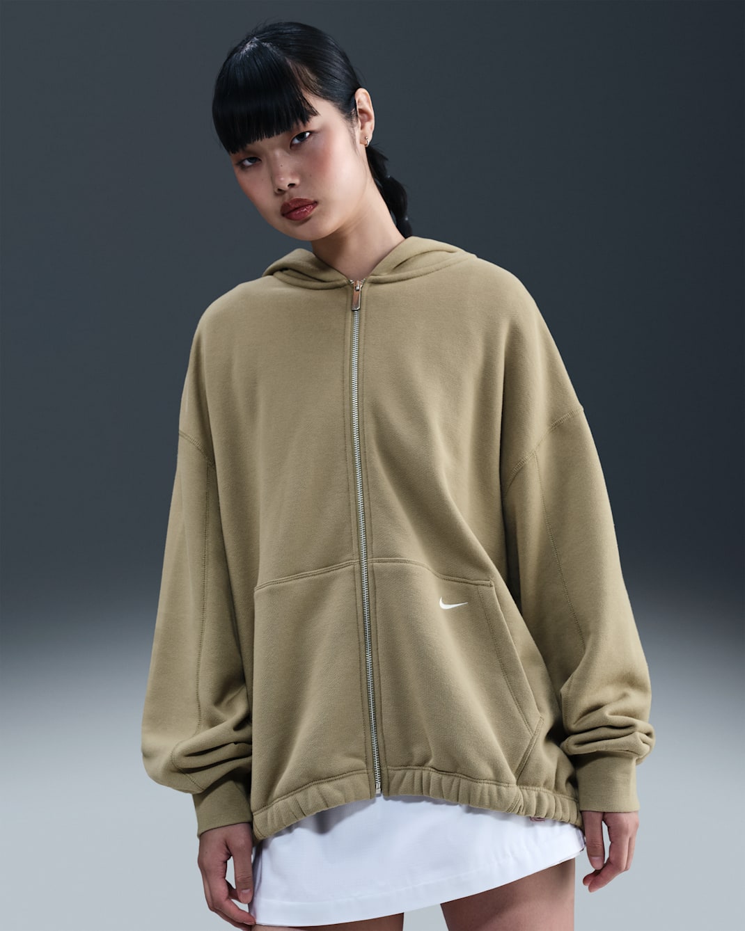 Dámská flísová mikina Nike Sportswear s kapucí a zipem po celé délce - Neutral Olive/Sail