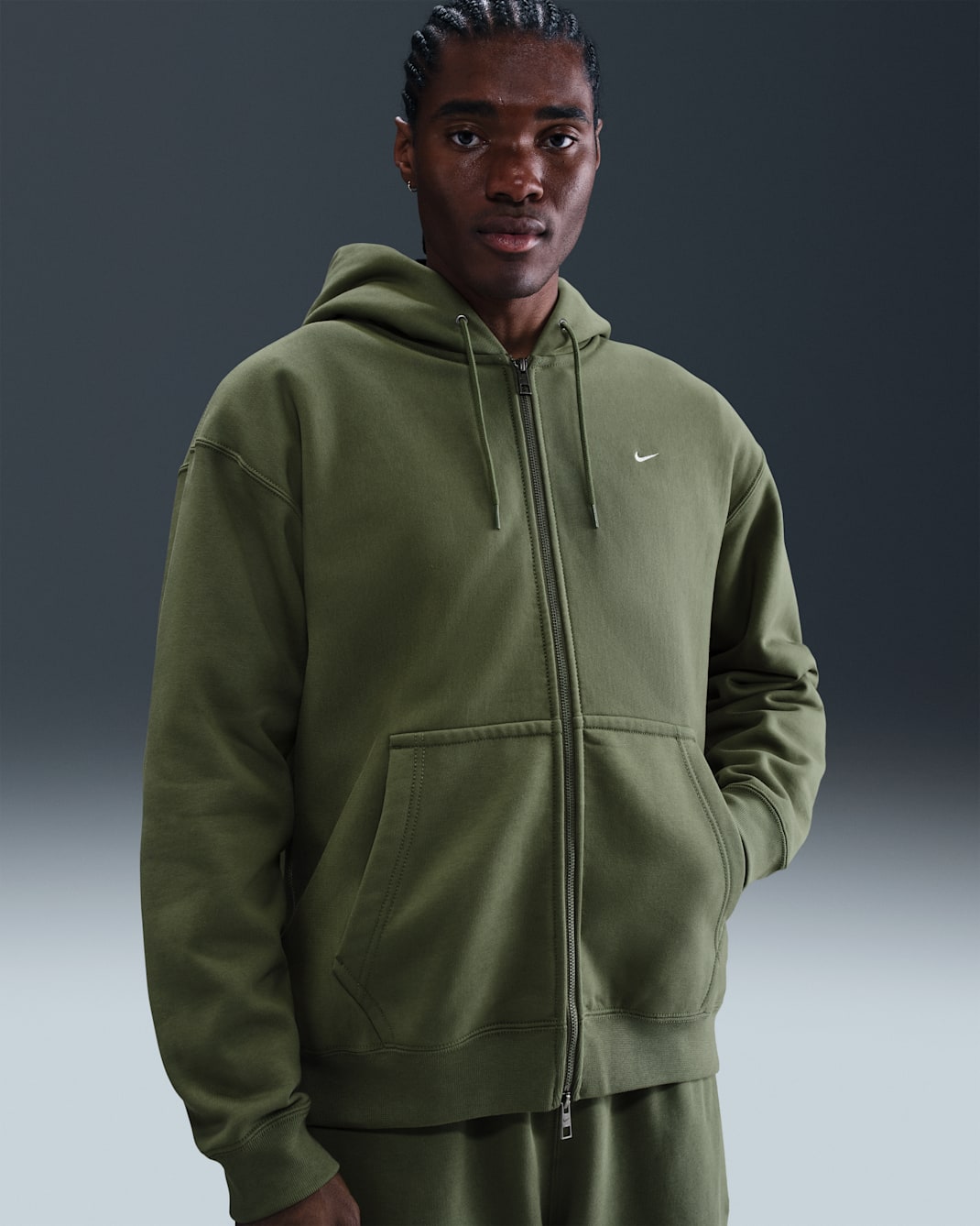Nike Solo Swoosh Men's Full-Zip Fleece Hoodie - Medium Olive/Medium Olive/White