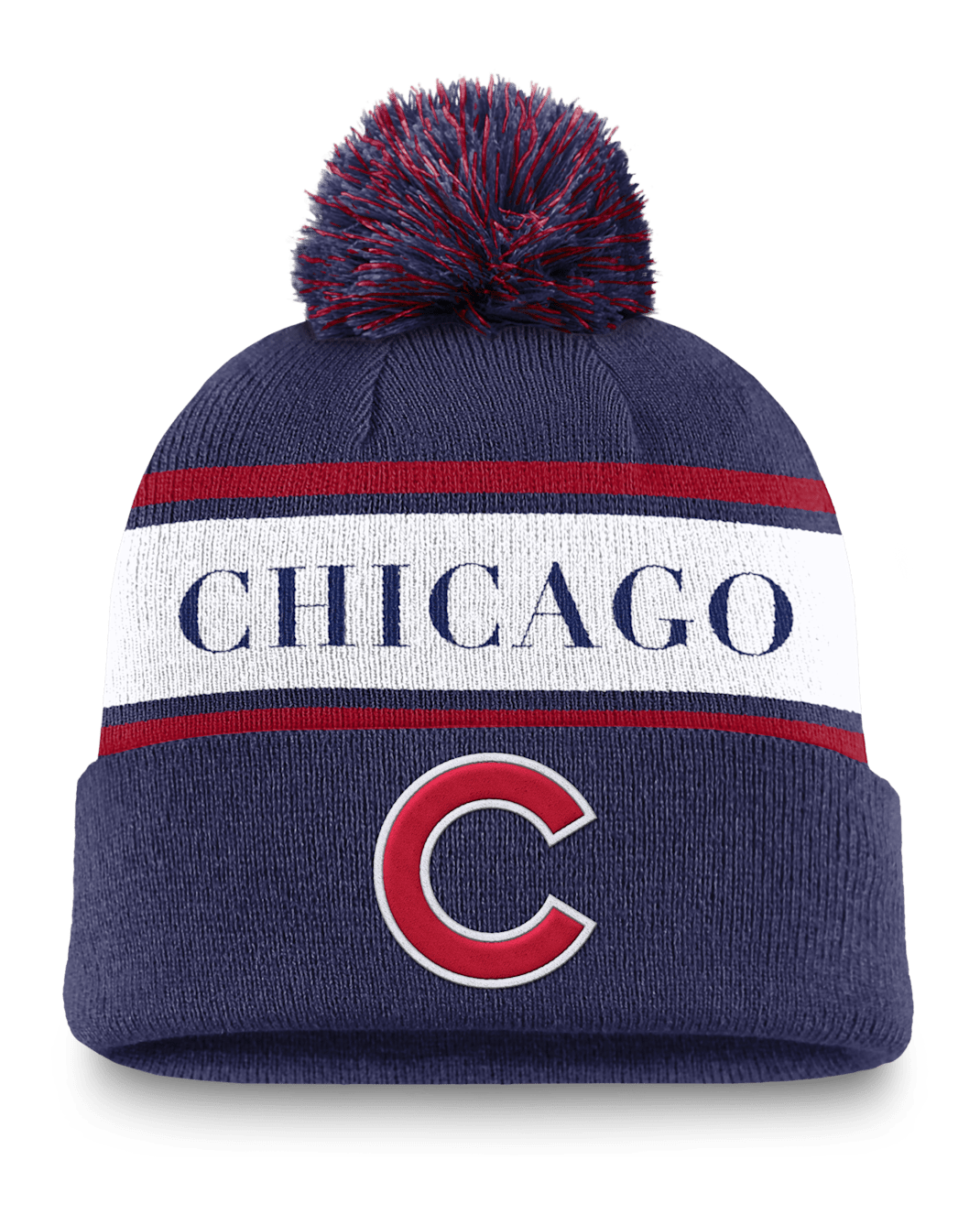Gorro con dobladillo y pompón Nike de la MLB para hombre Chicago Cubs Team Stripe Peak - Royal