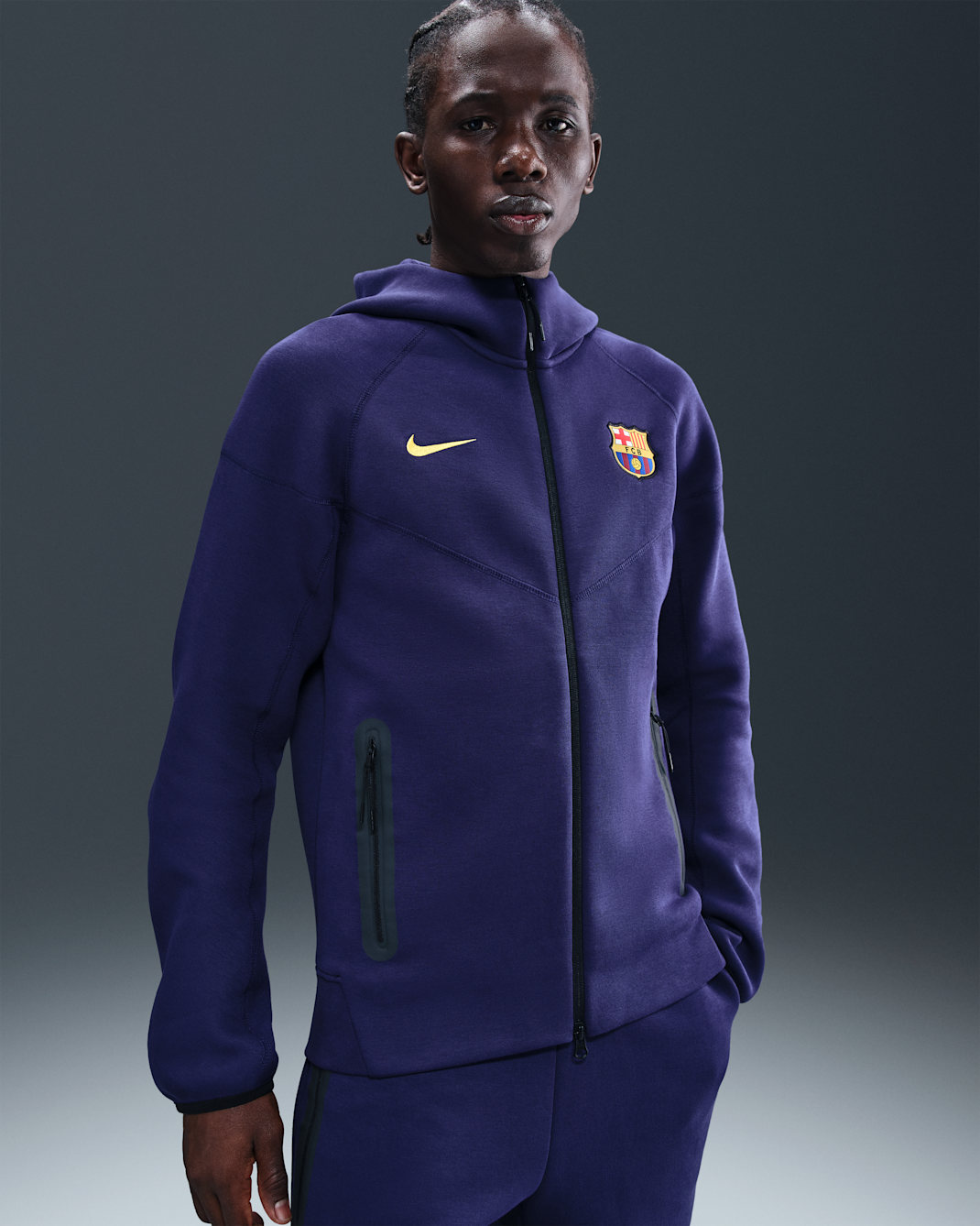 FC Barcelona Tech Windrunner Men's Nike Soccer Fleece Full-Zip Hoodie - Imperial Purple/Midwest Gold