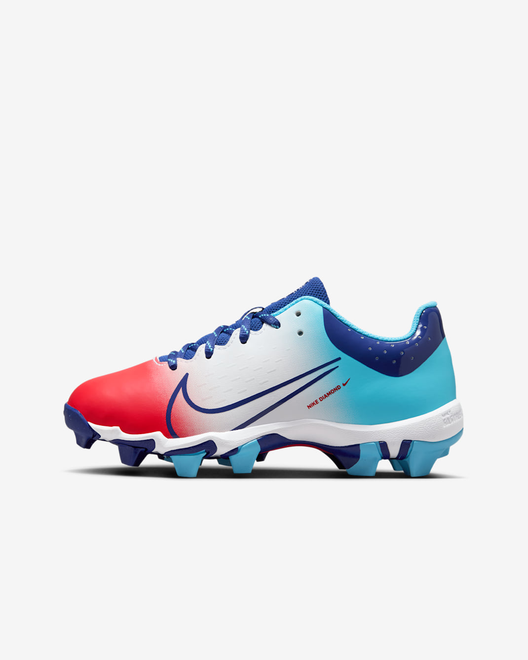 Tacos de softball para niños grandes Nike Hyperdiamond 4 Keystone - Carmesí claro/Azul báltico/Blanco/Azul royal intenso