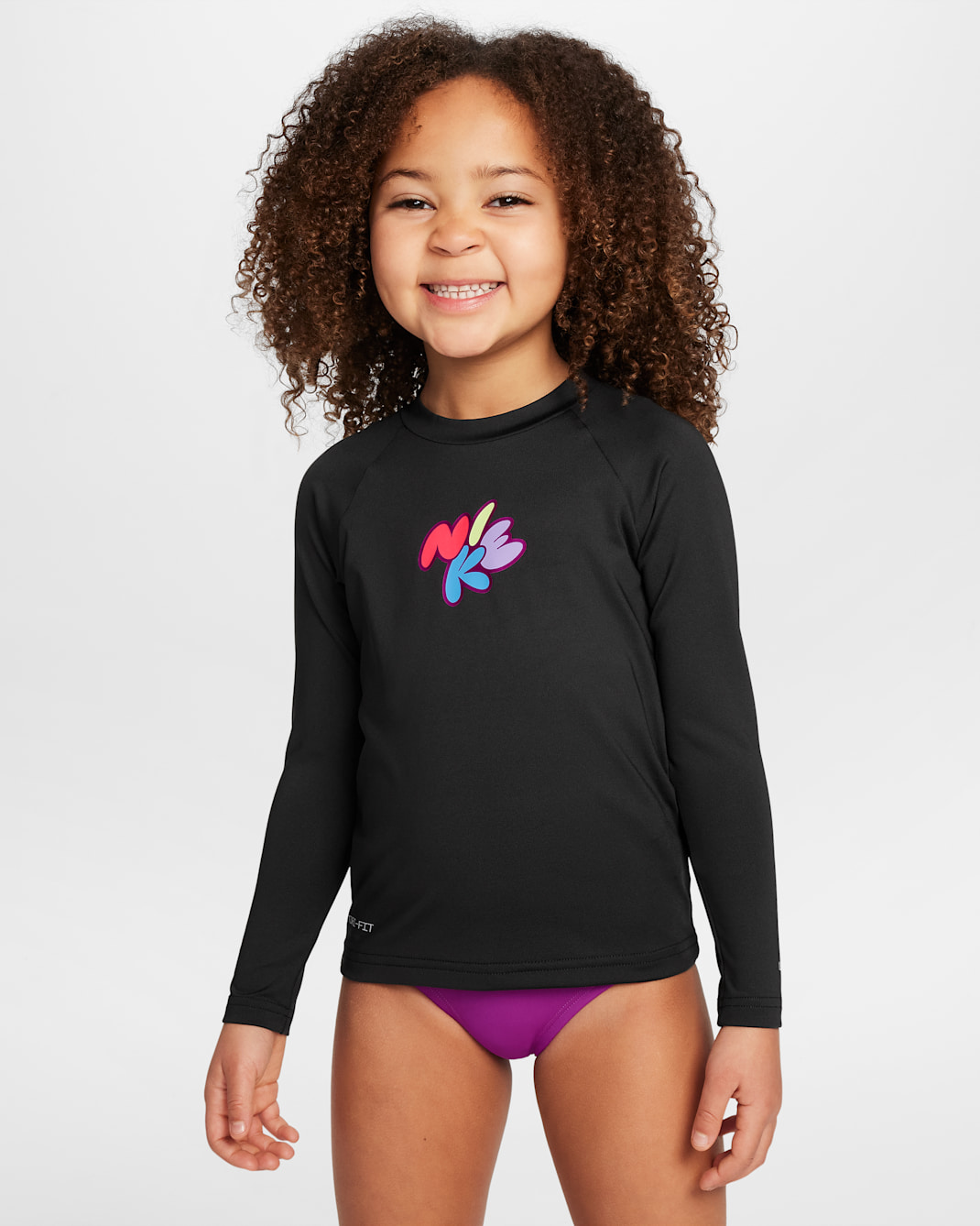 Playera de manga larga Nike Swim Hydroguard para niñas talla pequeña - Negro/Morado vivo/Hiperrosa/Blanco
