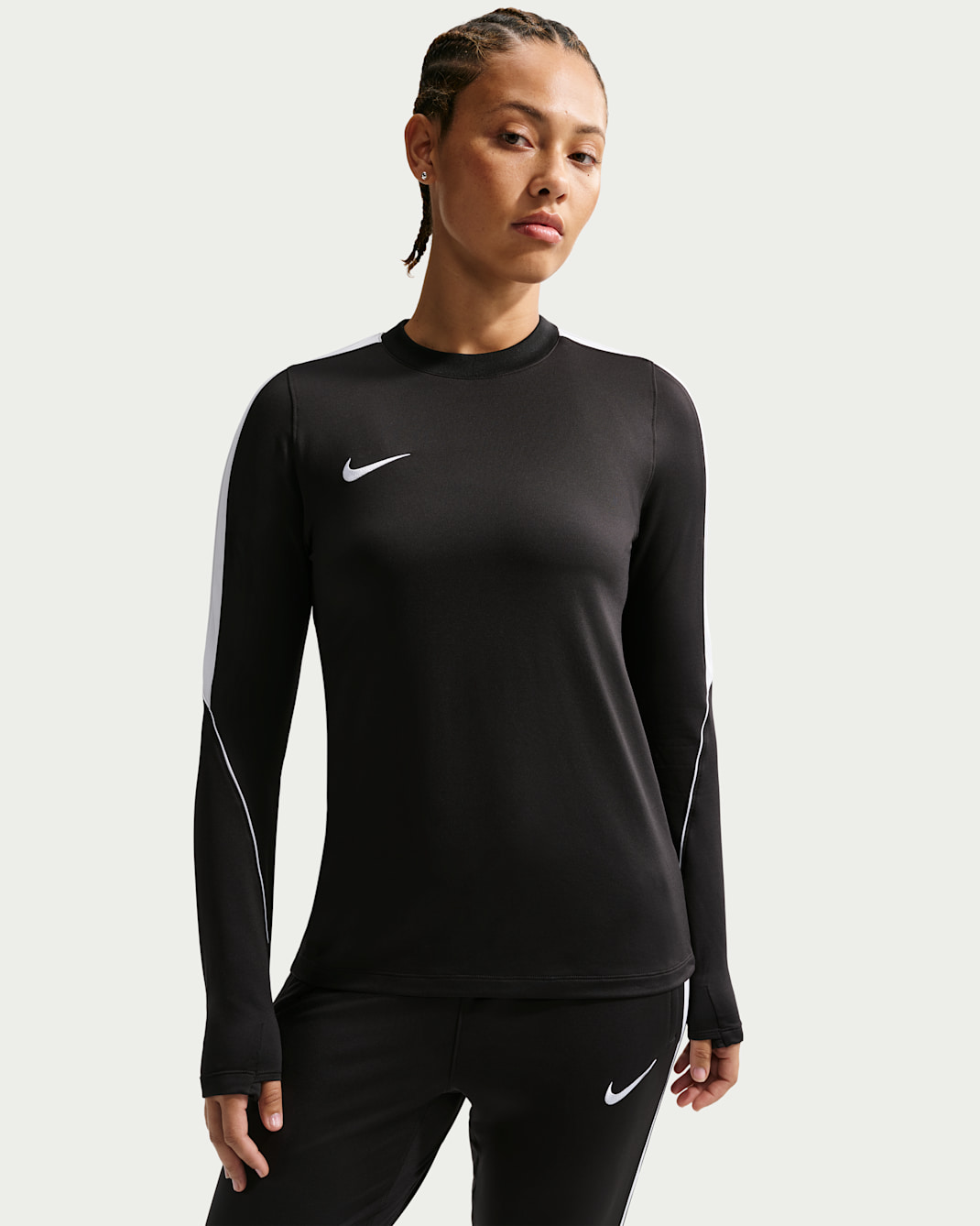 Playera de fútbol Dri-FIT de cuello redondo para mujer Nike Strike - Negro/Blanco/Blanco/Blanco
