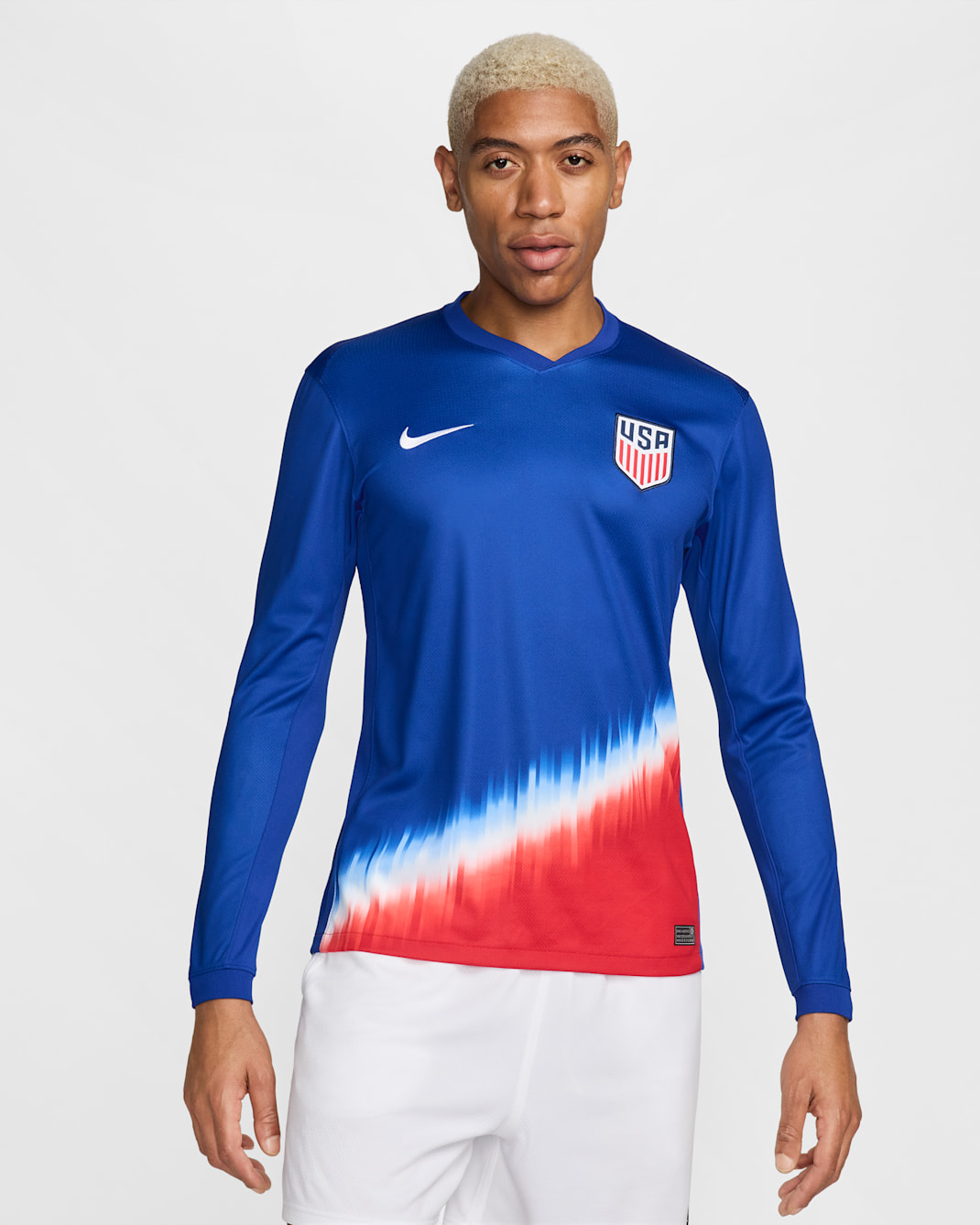 Jersey de fútbol de manga larga Nike Dri-FIT replica para hombre USMNT 2024 Stadium Away - Azul eléctrico/Rojo deportivo/Blanco/Blanco