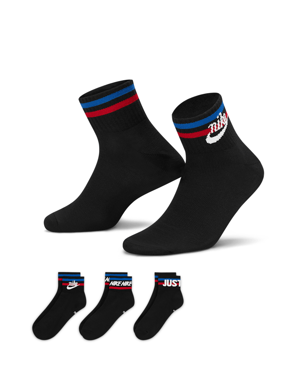 ถุงเท้าหุ้มข้อ Nike Everyday Essential (3 คู่) - ดำ/ขาว/Game Royal/University Red