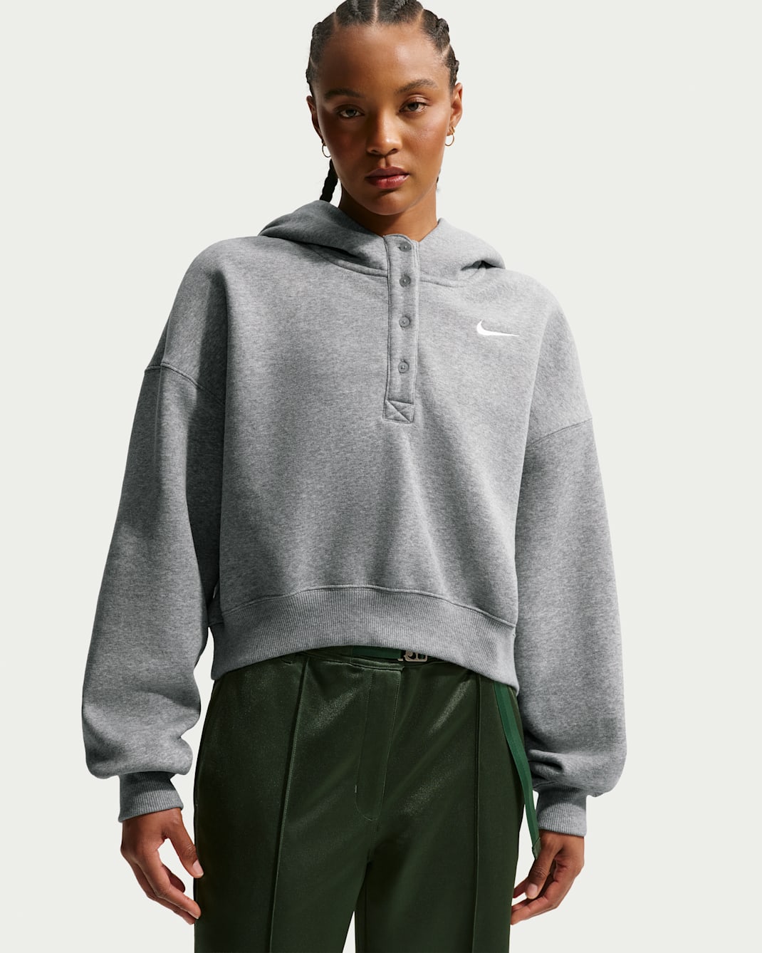 Nike Sportswear Phoenix Fleece Cropped oversized Henley-hoodie voor dames - Dark Grey Heather/Base Grey/Sail