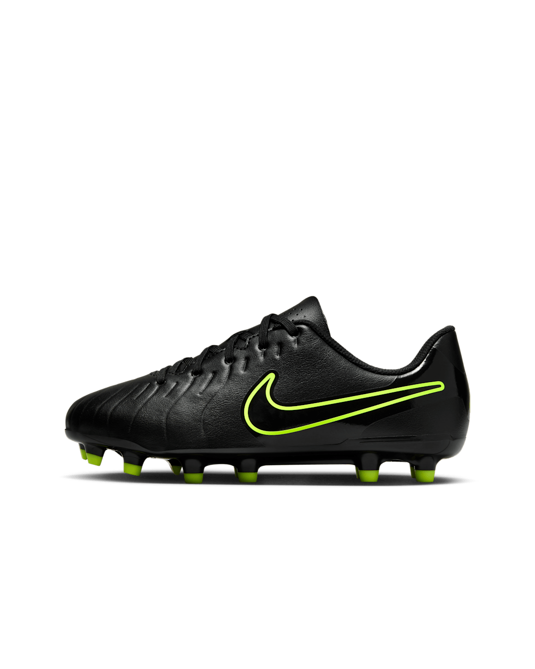 Tacos de fútbol para terrenos múltiples de corte low para niños de preescolar y grandes Nike Jr. Tiempo Legend 10 Club - Negro/Volt