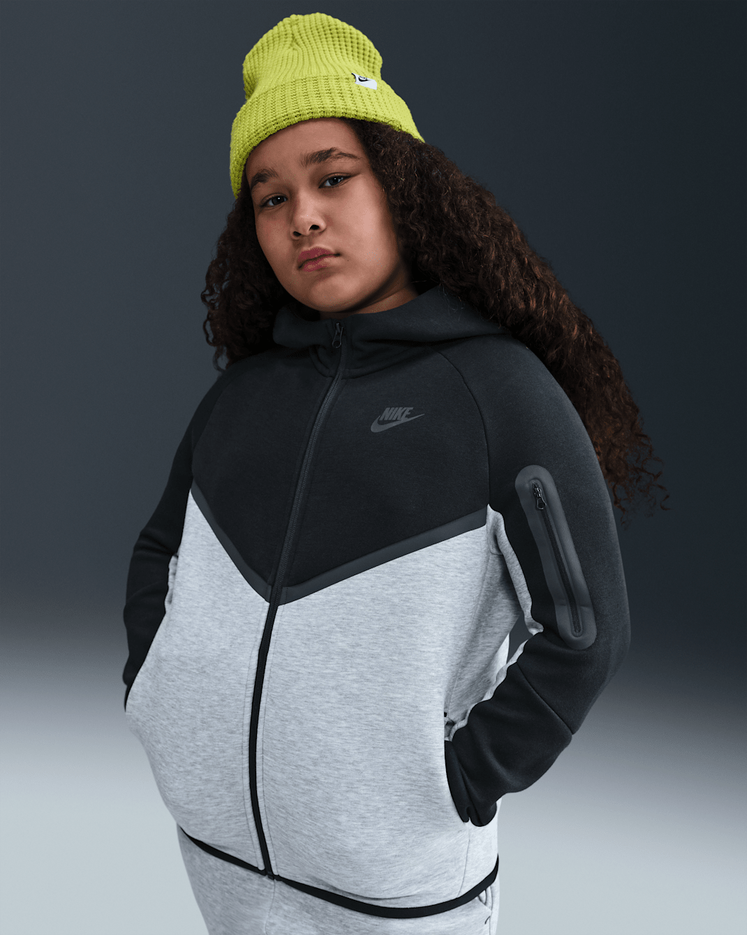 Nike Sportswear Tech Fleece Older Kids' Full-Zip Hoodie (Extended Size) - Dark Grey Heather/Black/Black/Black