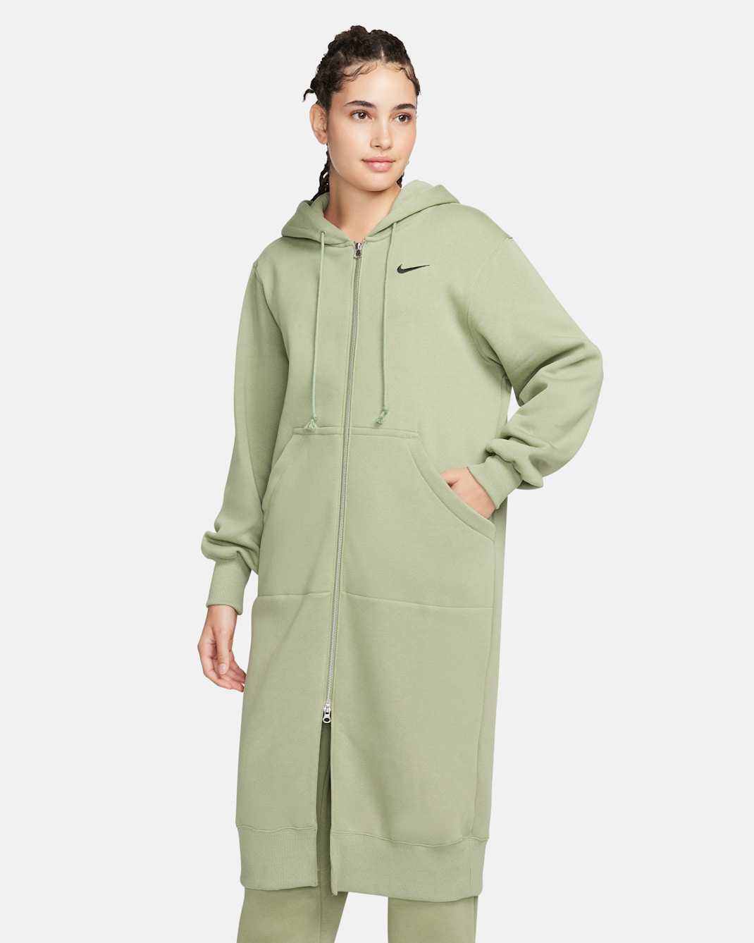 Sudadera con gorro con cierre completo larga oversized para mujer Nike Sportswear Phoenix Fleece - Verde aceite/Negro
